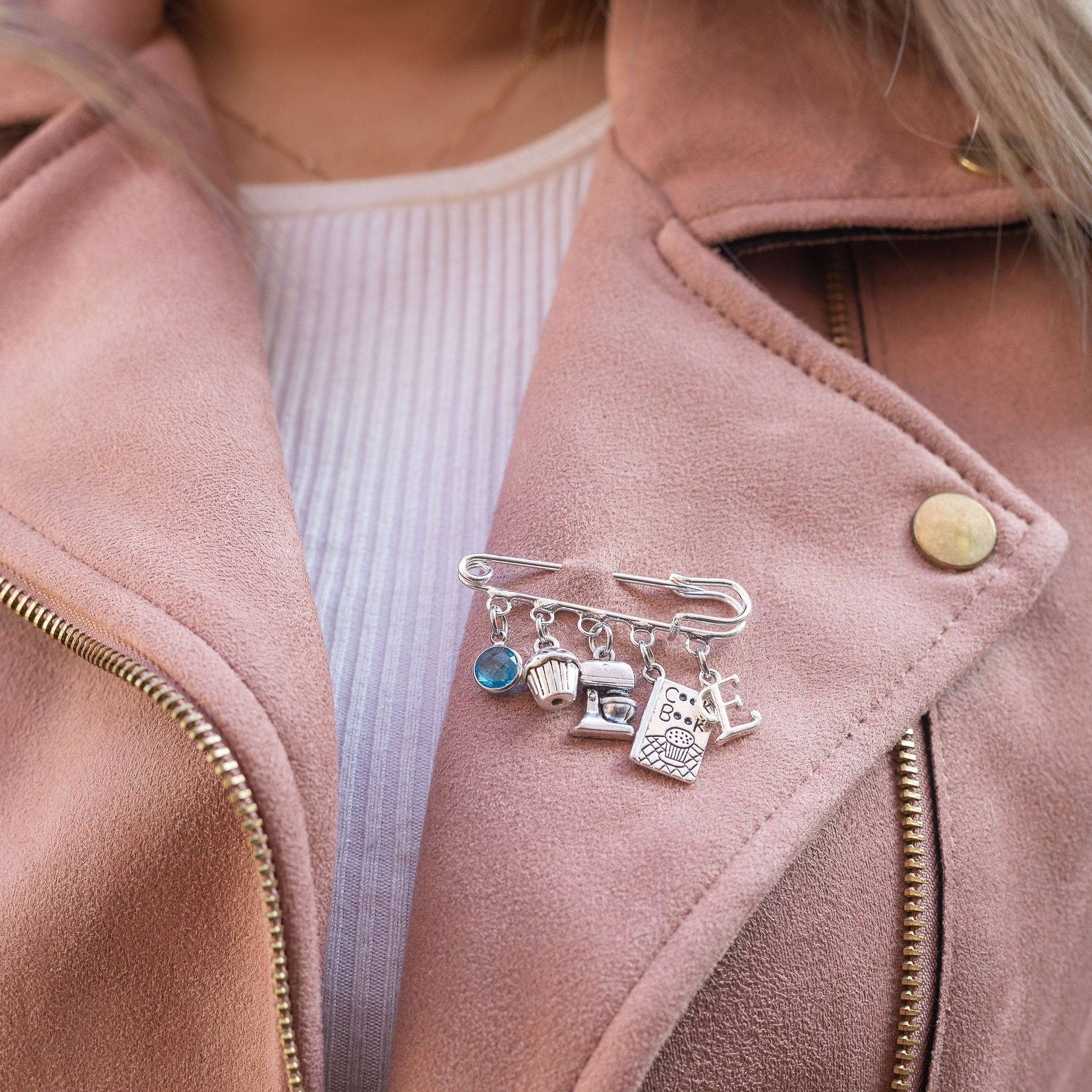 Gift for a baker, personalised brooch, birthstone letter charms, bake off gift, patisserie chef present