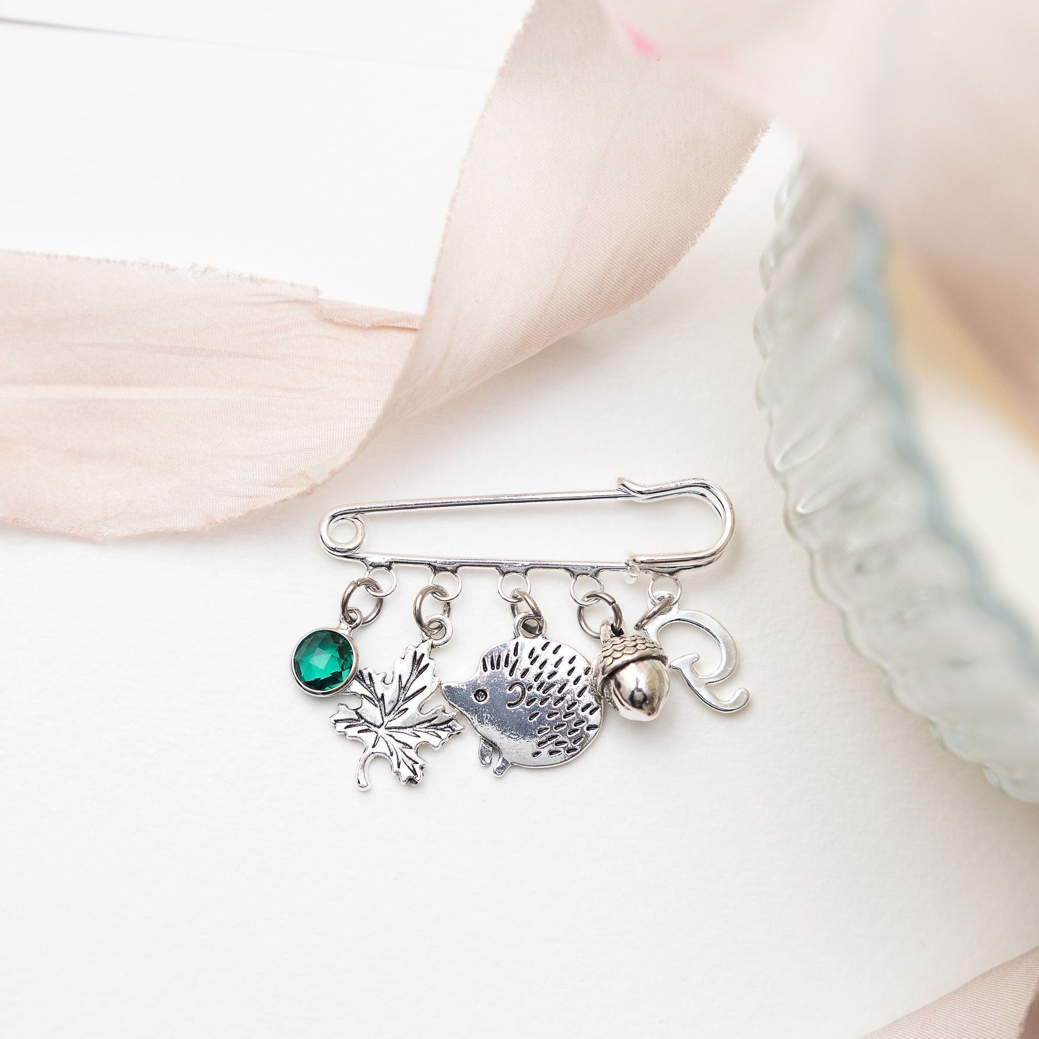 Hedgehog brooch, personalised gifts, birthstone and letter, Autumn kilt pin, acorn accessory, animal jewellery, birthstone initial letter