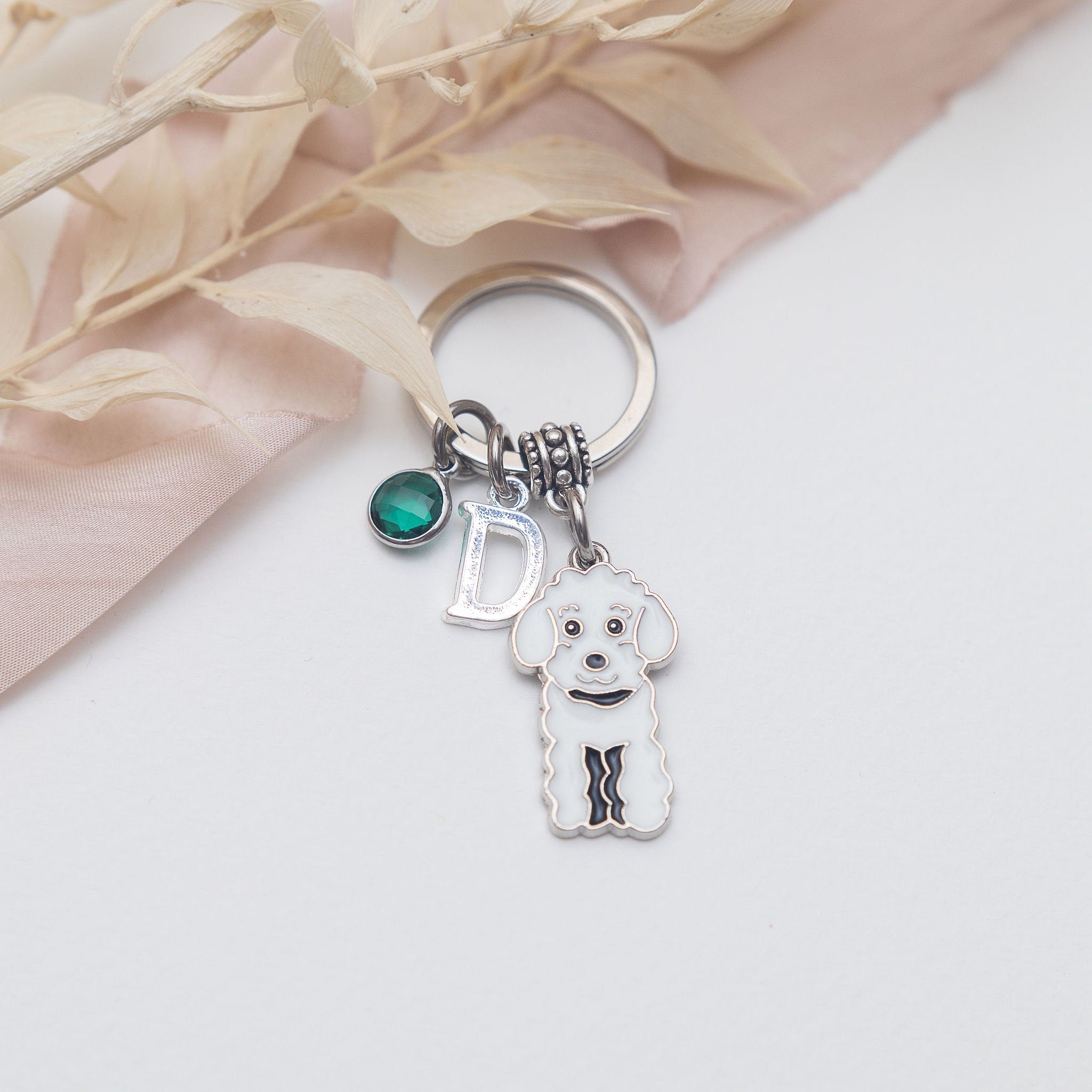 White cockapoo keyring, personalised gifts, birthstone initial, animal bag charm, dog owner, new puppy, pet loss memorial, cockapoo gift