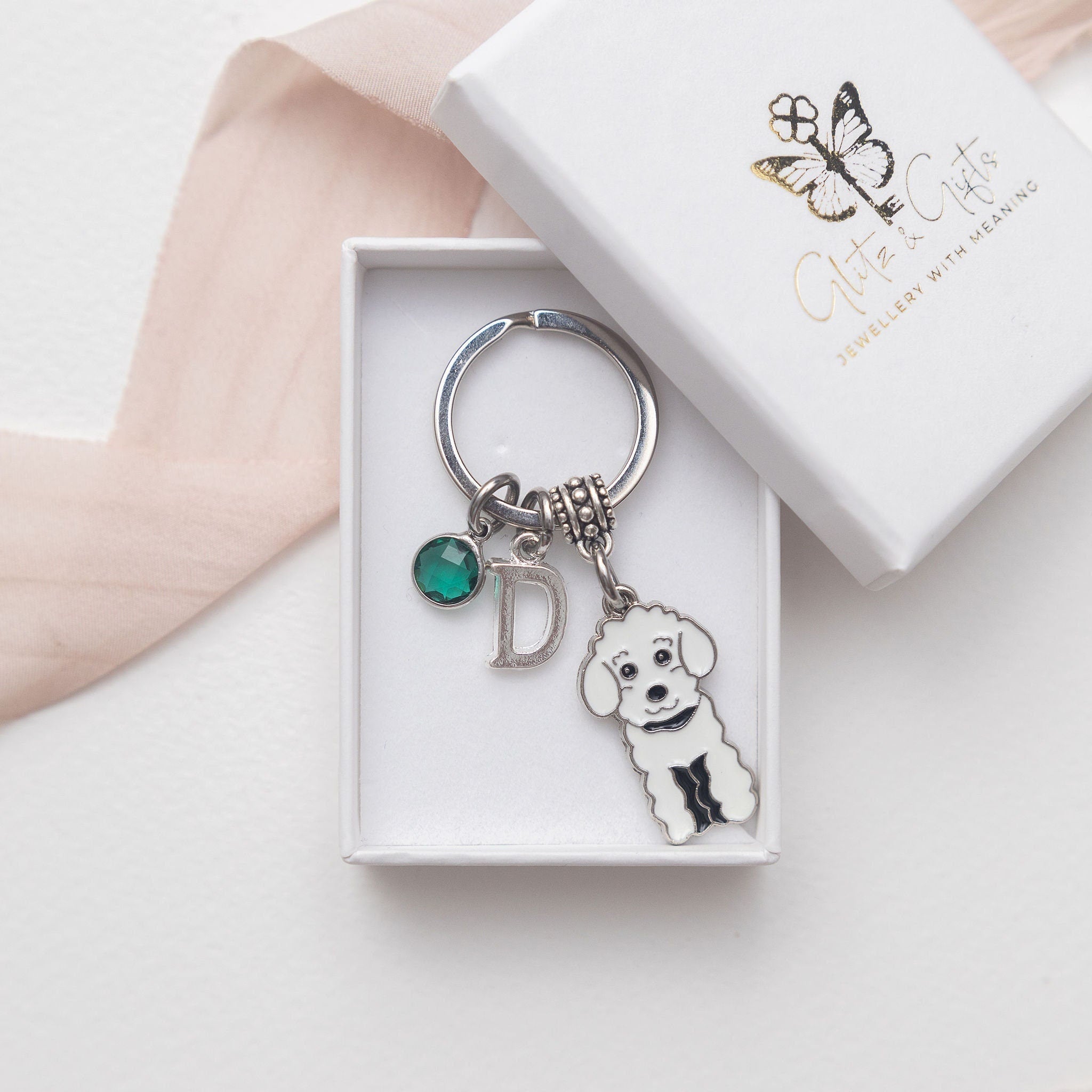 White cockapoo keyring, personalised gifts, birthstone initial, animal bag charm, dog owner, new puppy, pet loss memorial, cockapoo gift