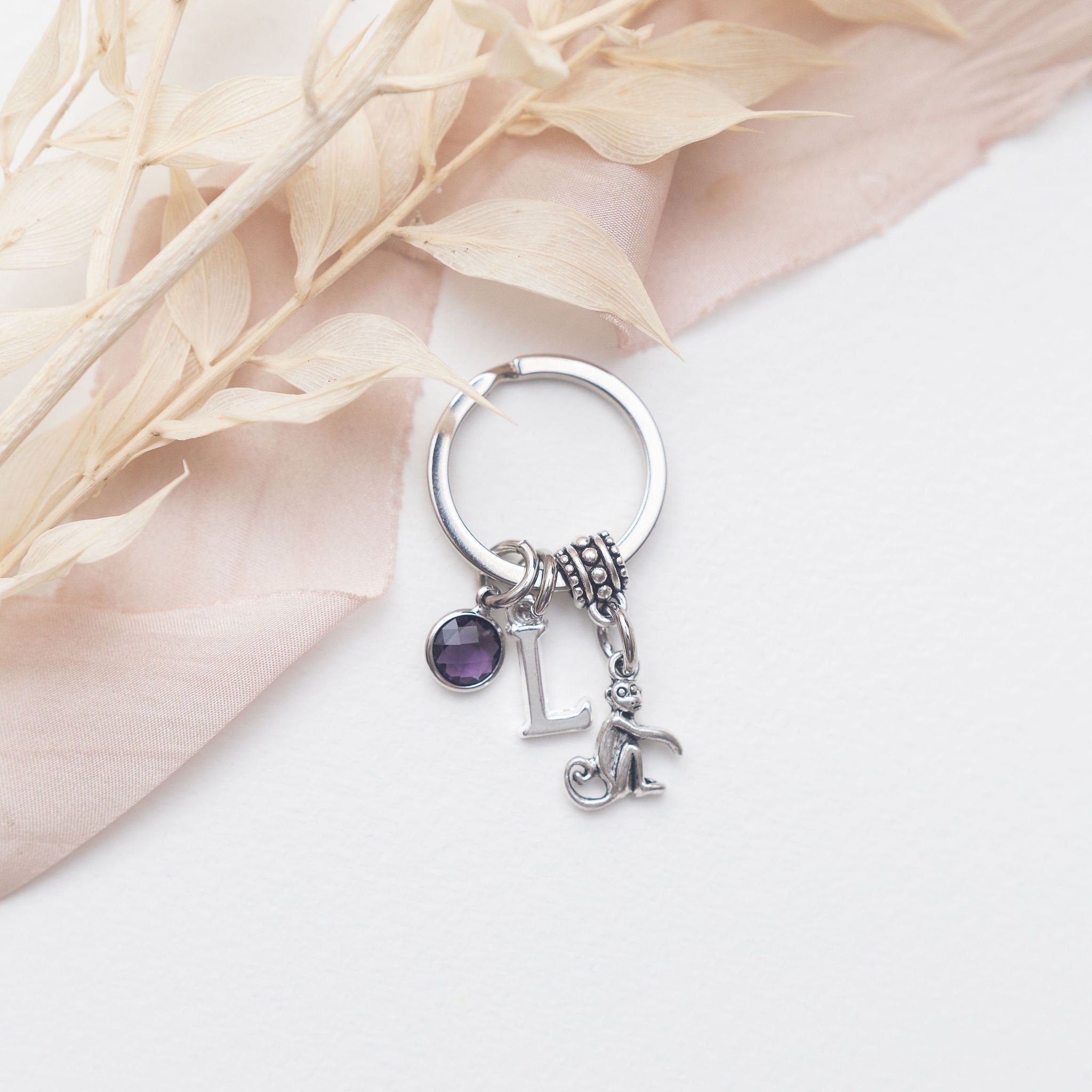 Monkey keyring, personalised gifts, birthstone initial, animal bag charm, ape keychain