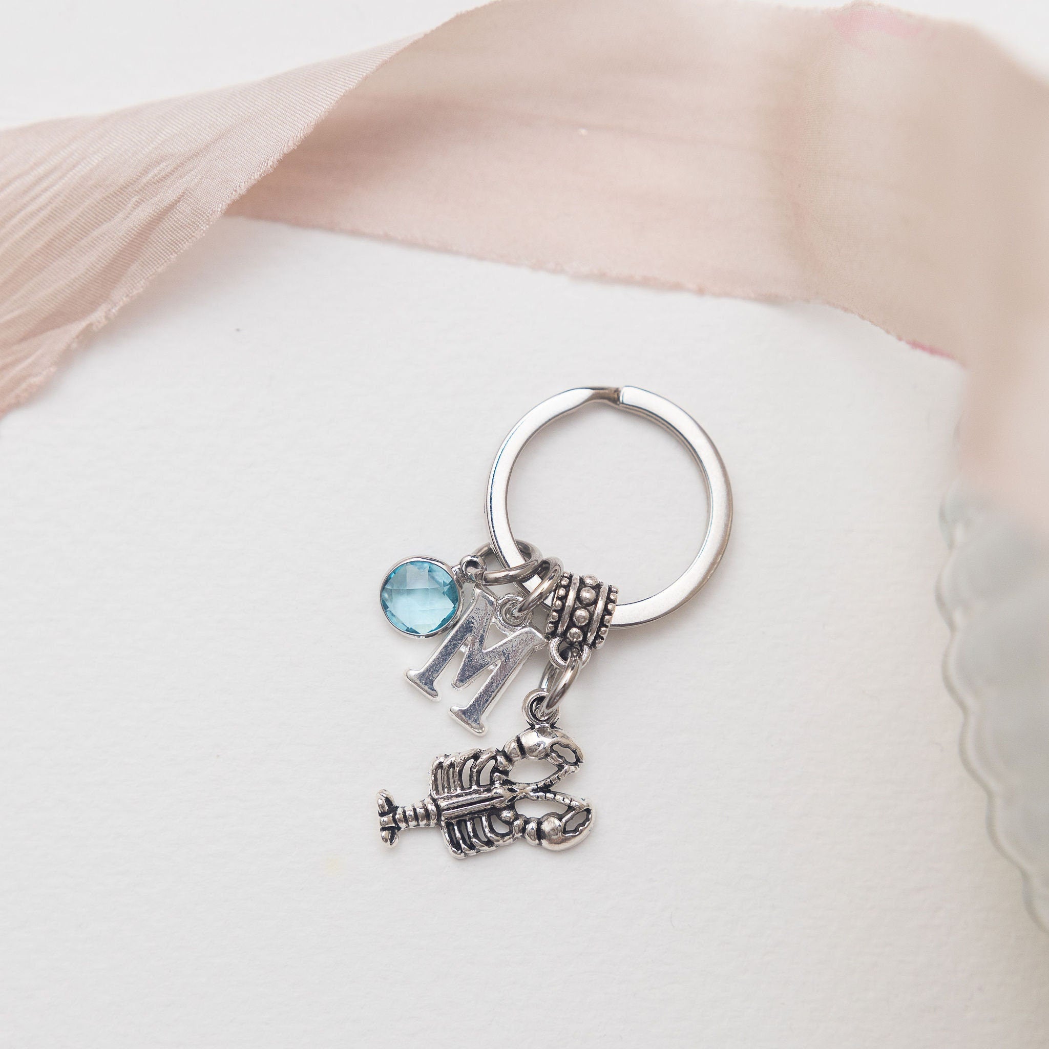 Personalised Lobster Keyring: Initial & Birthstone Charm