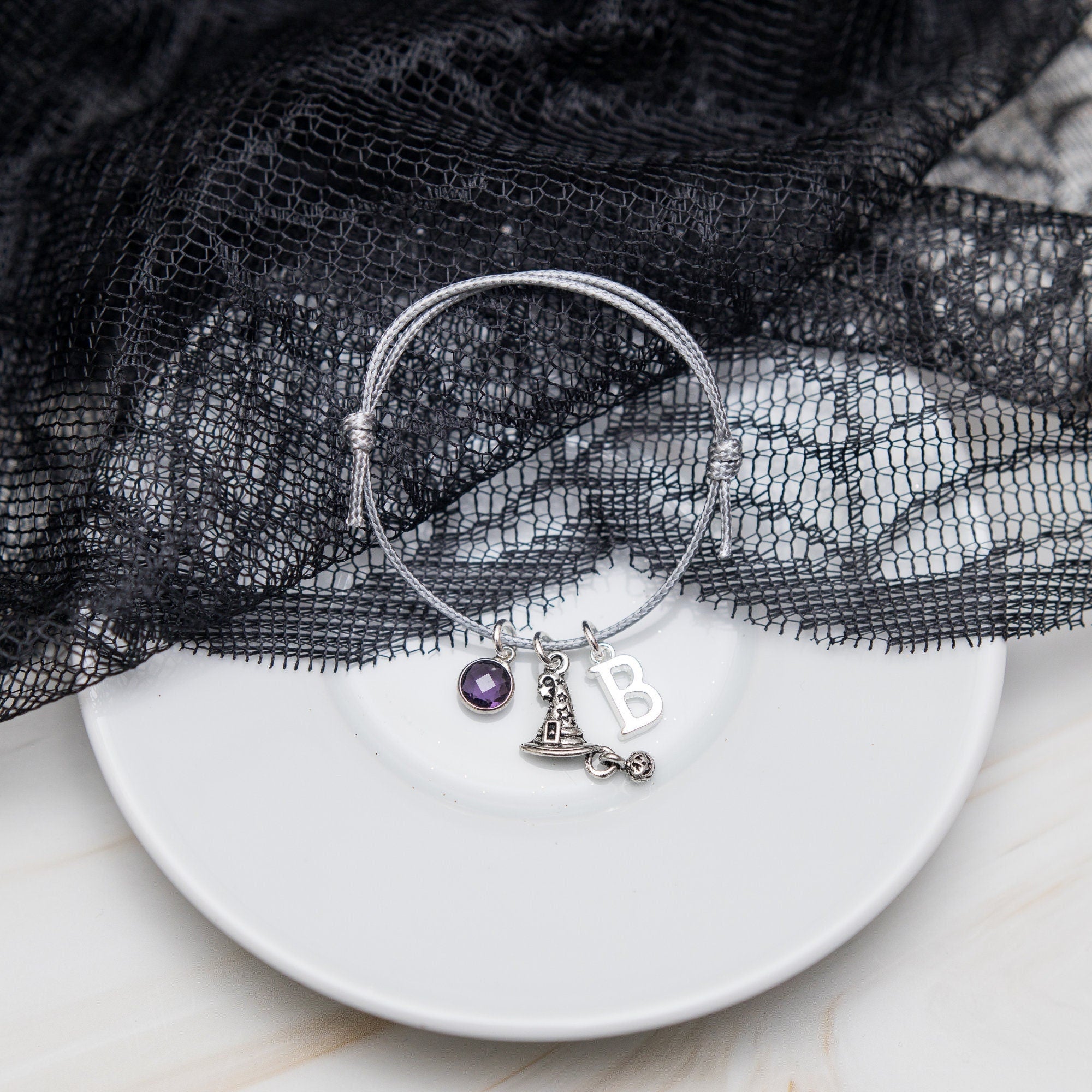 Witch hat bracelet, adjustable waxed cord, personalised Halloween gifts, birthstone initial charm, witchy vibes, pumpkin pendant, treat