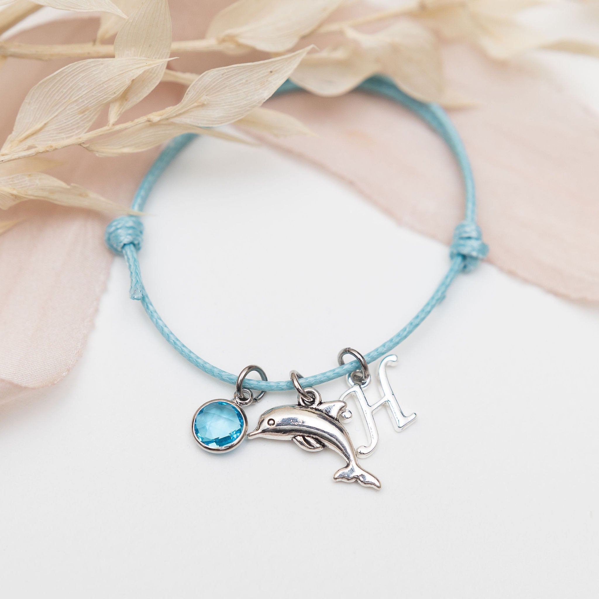 Dolphin bracelet, waxed cord adjustable, personalised gifts, ocean jewellery, sea animal gift, birthstone and initial letter