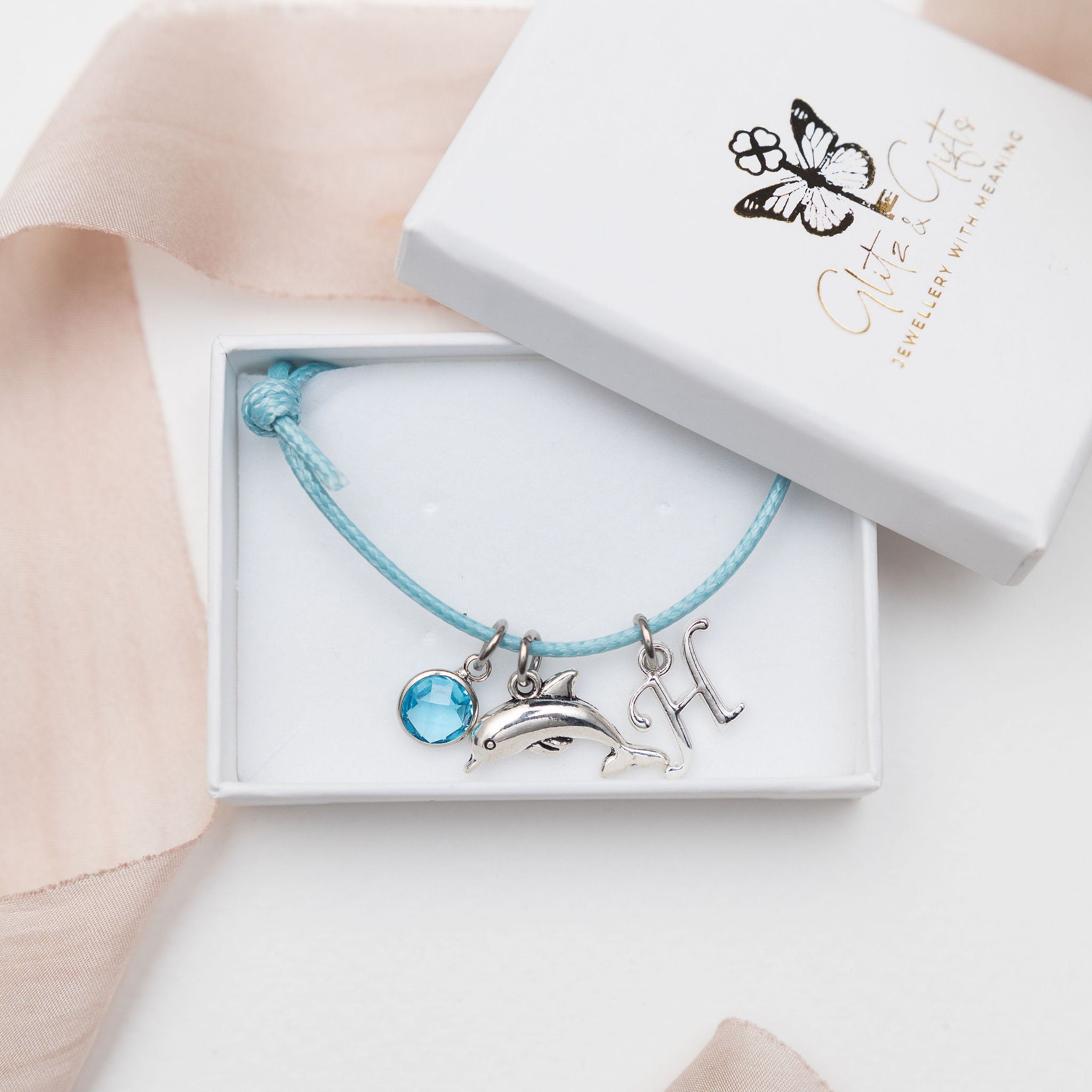 Dolphin Charm Bracelet: Personalised Birthstone Initial, Adjustable Cord