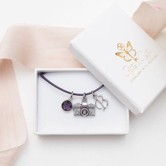 Camera bracelet, waxed cord adjustable, personalised gifts, photography jewellery, custom gift for photographer, birthstone initial letter
