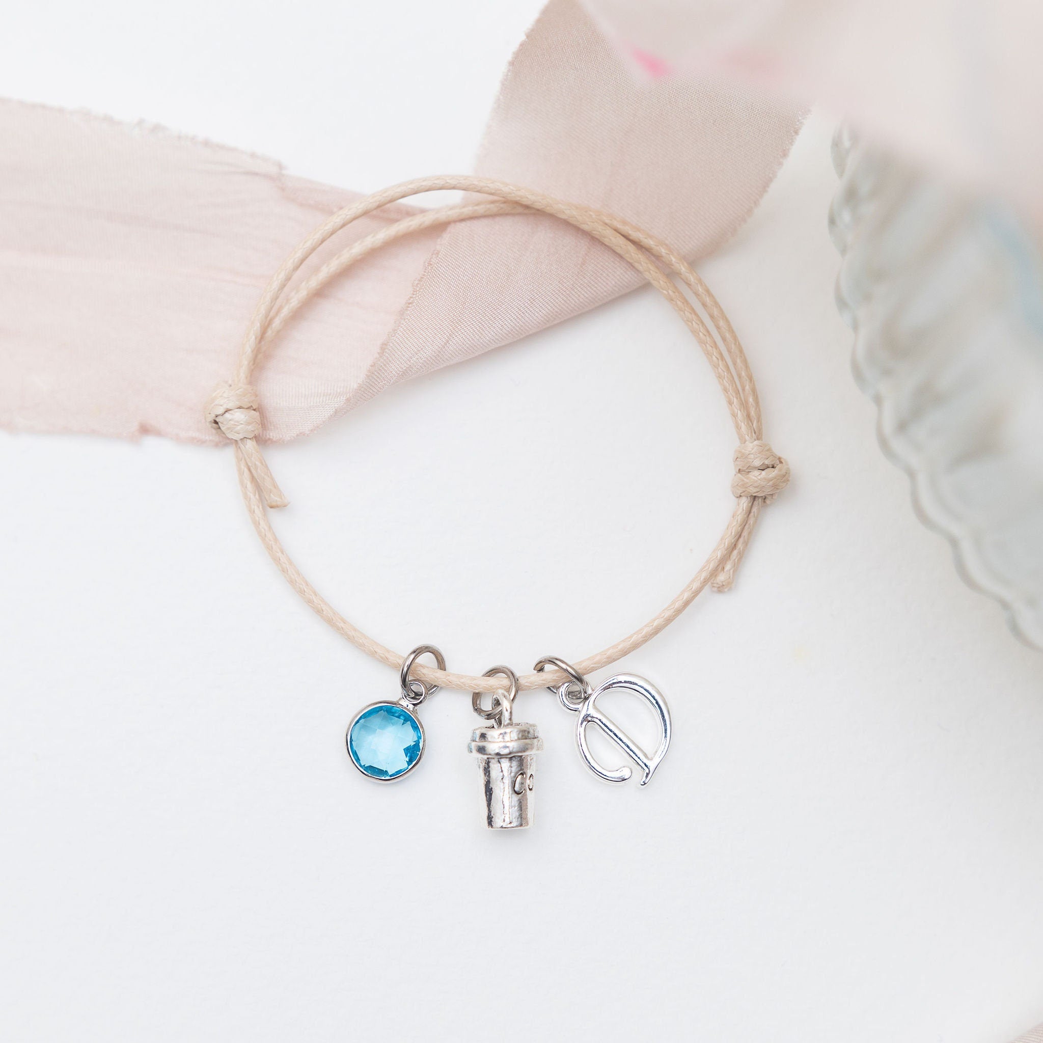 Coffee bracelet, waxed cord adjustable, personalised gifts, cappuccino cup jewellery, custom gift for barista, birthstone initial letter