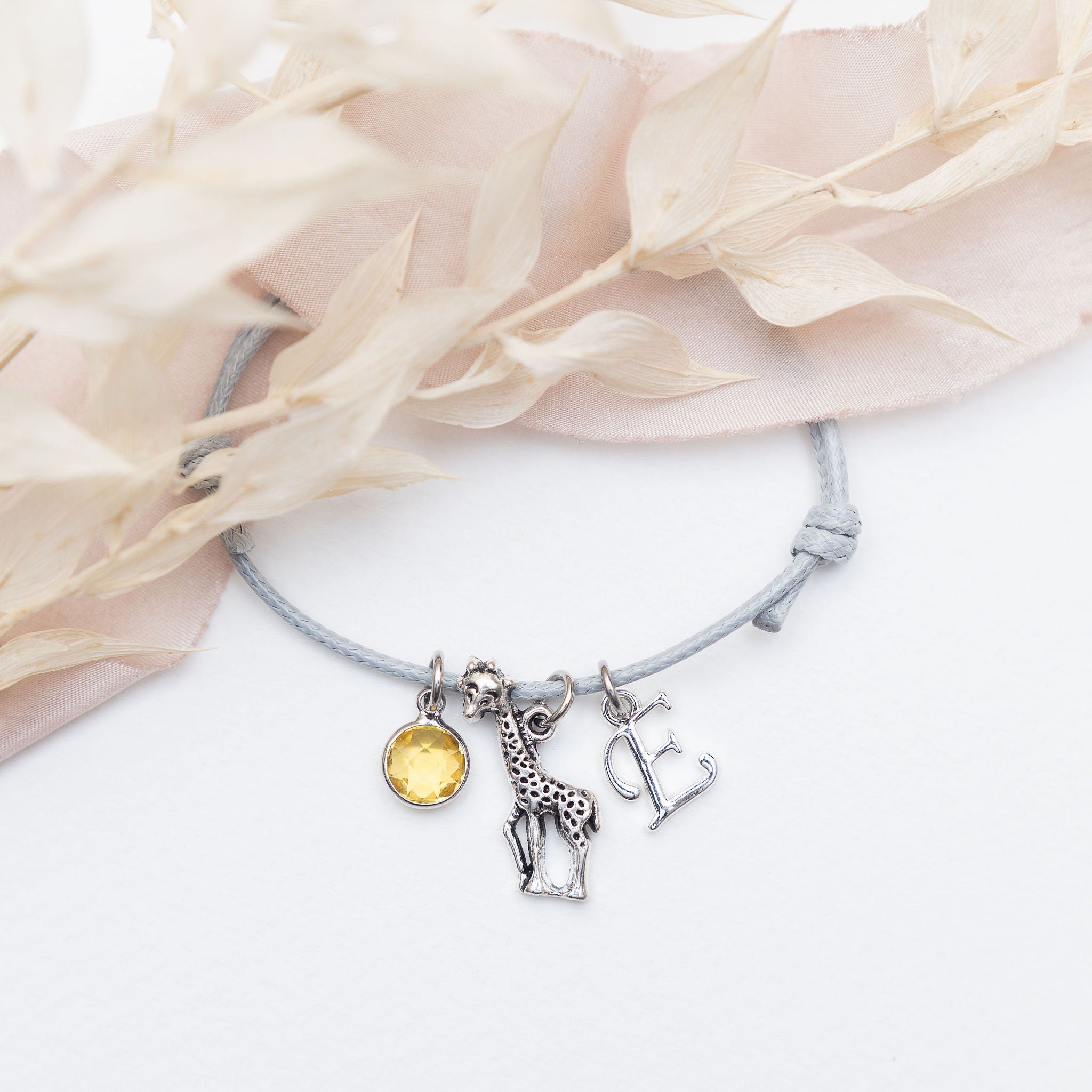 Giraffe bracelet, waxed cord adjustable, personalised gifts, jungle animal jewellery, giraffe gifts, custom for her, birthstone letter