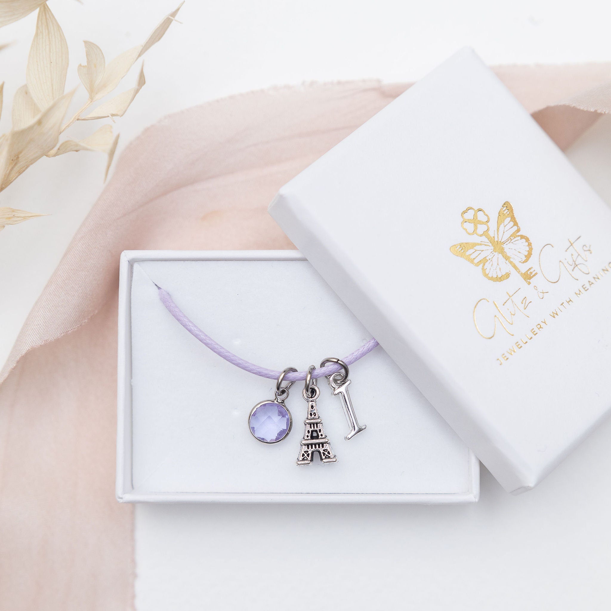 Paris Eiffel Tower bracelet, waxed cord adjustable, personalised gifts, Parisian jewellery, custom for her birthstone letter, French theme
