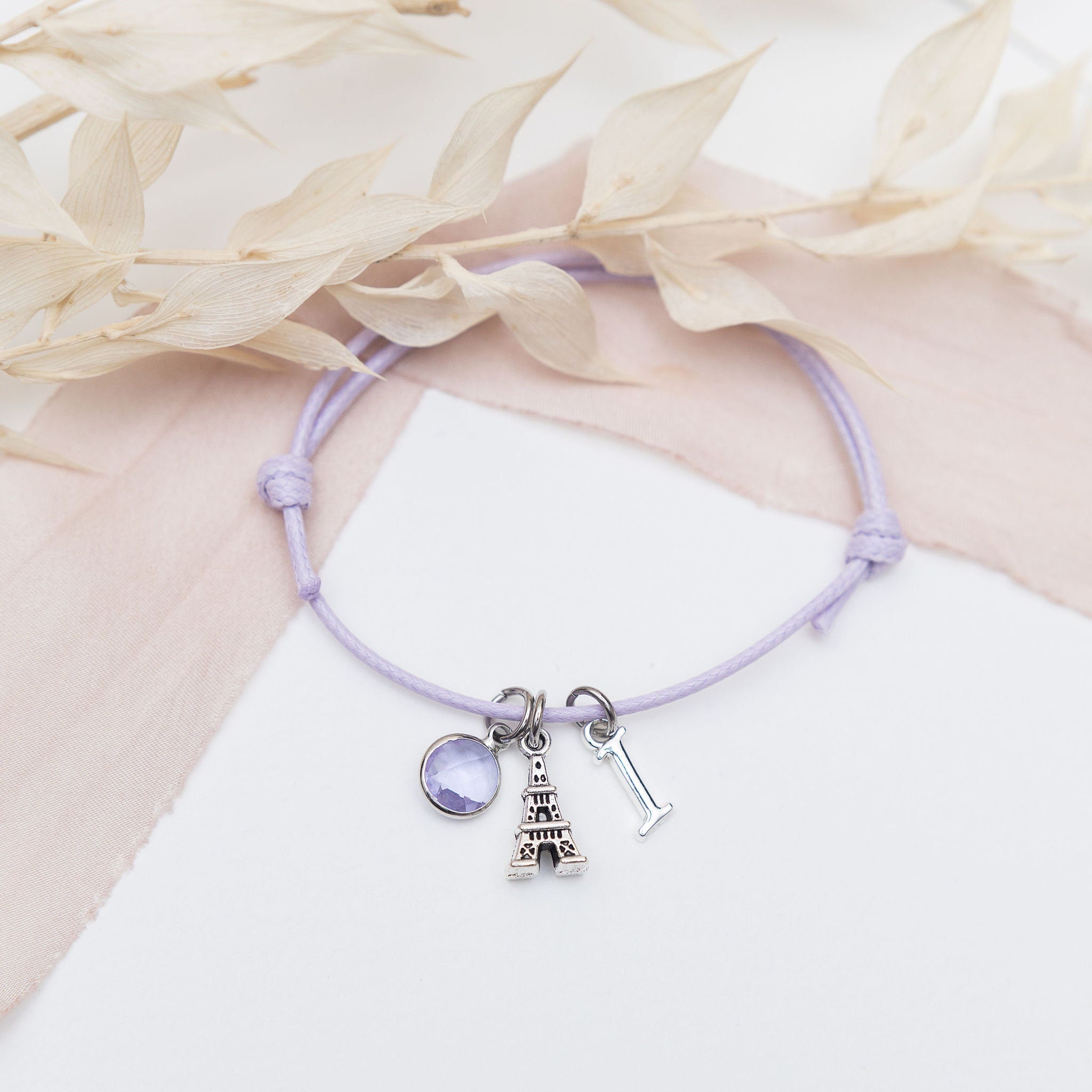 Paris Eiffel Tower bracelet, waxed cord adjustable, personalised gifts, Parisian jewellery, custom for her birthstone letter, French theme