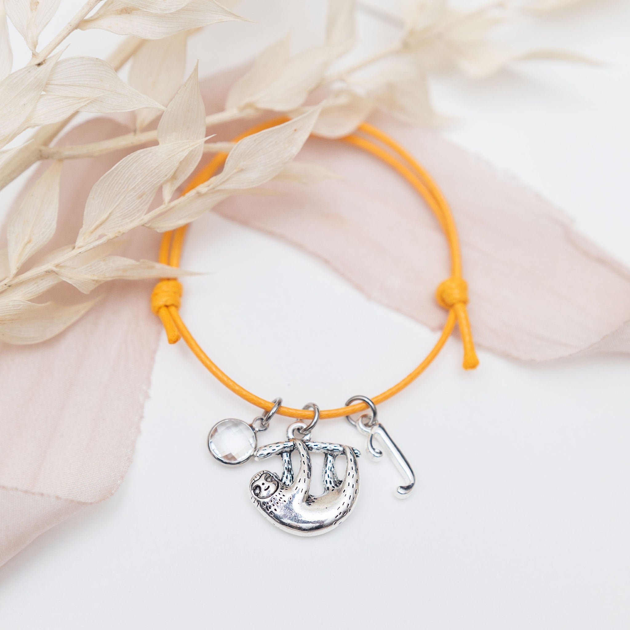 Sloth bracelet, waxed cord adjustable, personalised gifts, sloth jewellery, jungle animal gift, birthstone birthday, slow down