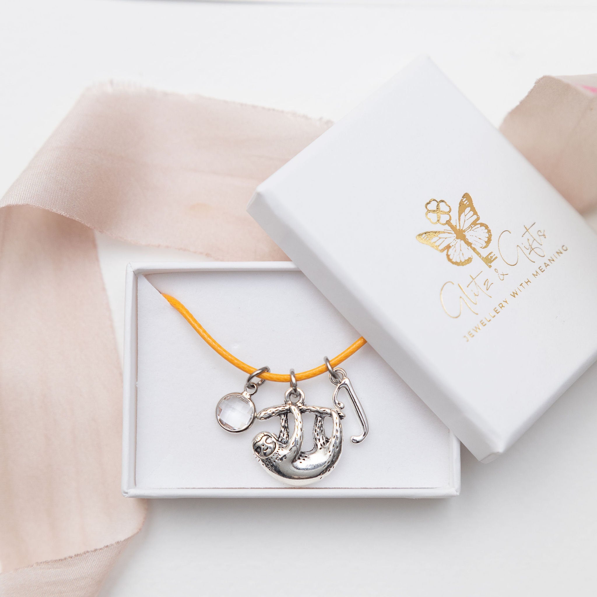 Sloth Charm Bracelet: Personalised Initial & Birthstone, Adjustable Cord