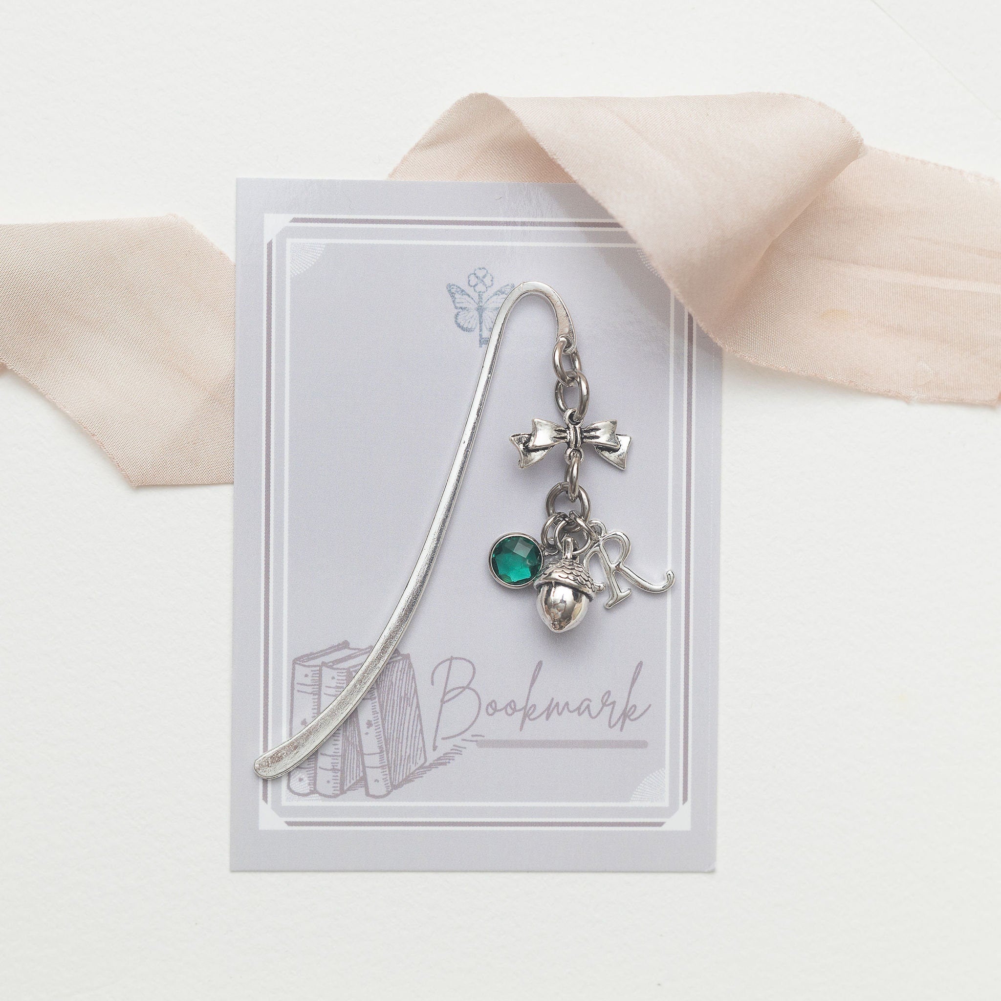 Acorn bookmark, personalised gifts, birthstone and initial, custom metal charm page marker, woodland walks, nature Autumn, teacher thank you