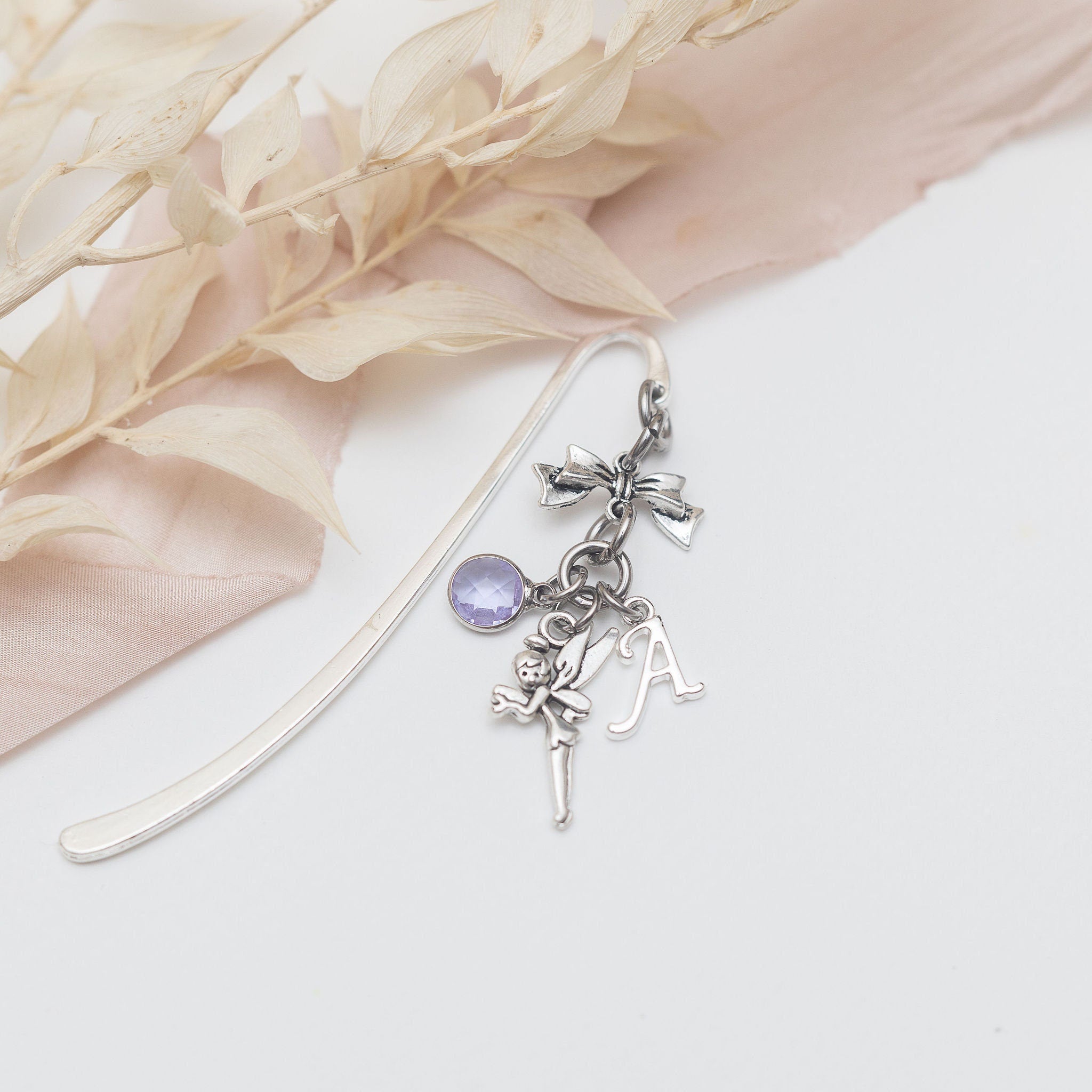 Fairy bookmark, personalised gifts, birthstone and initial, custom metal charm page marker, bookworm present, whimsical fairy-tale, pixie