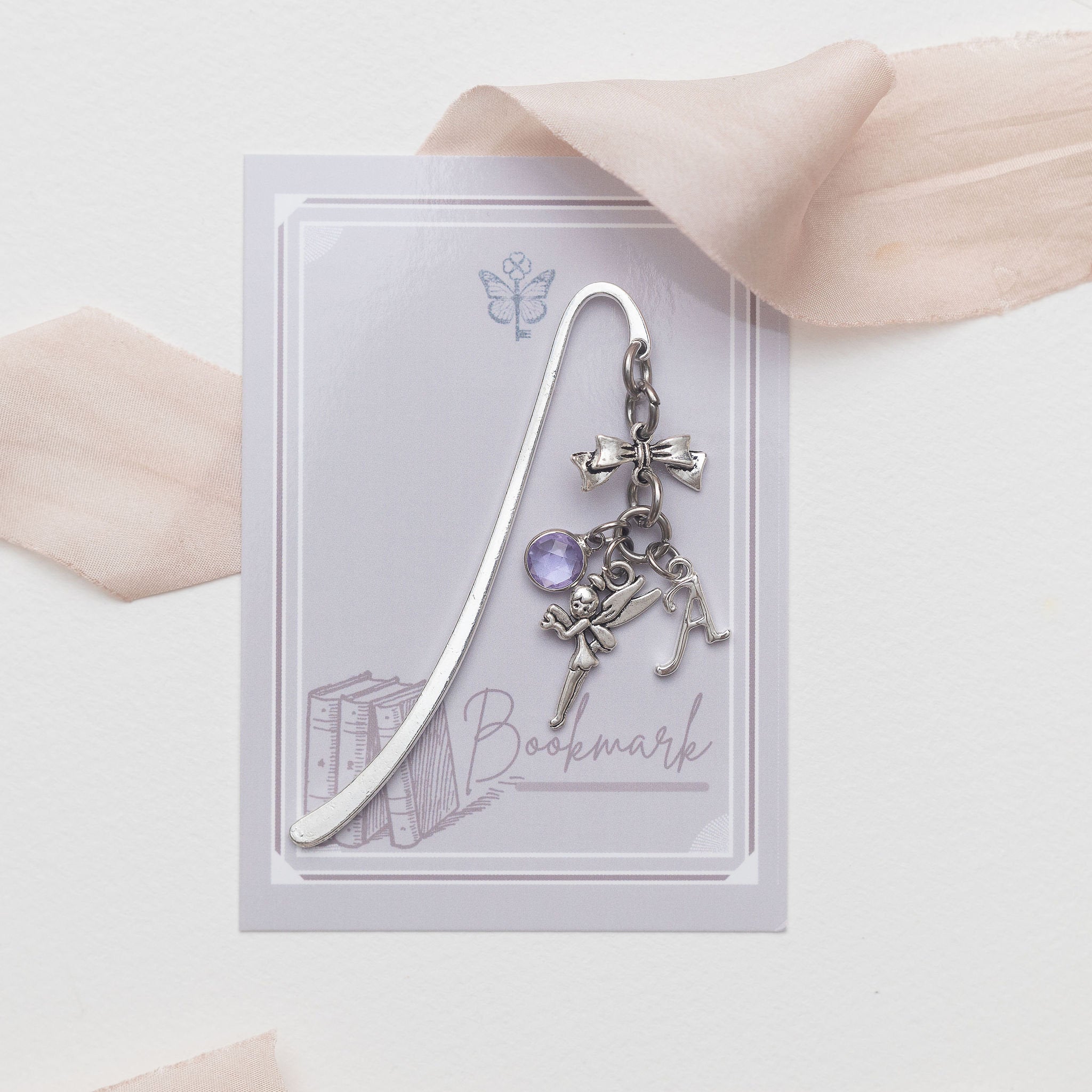 Fairy bookmark, personalised gifts, birthstone and initial, custom metal charm page marker, bookworm present, whimsical fairy-tale, pixie