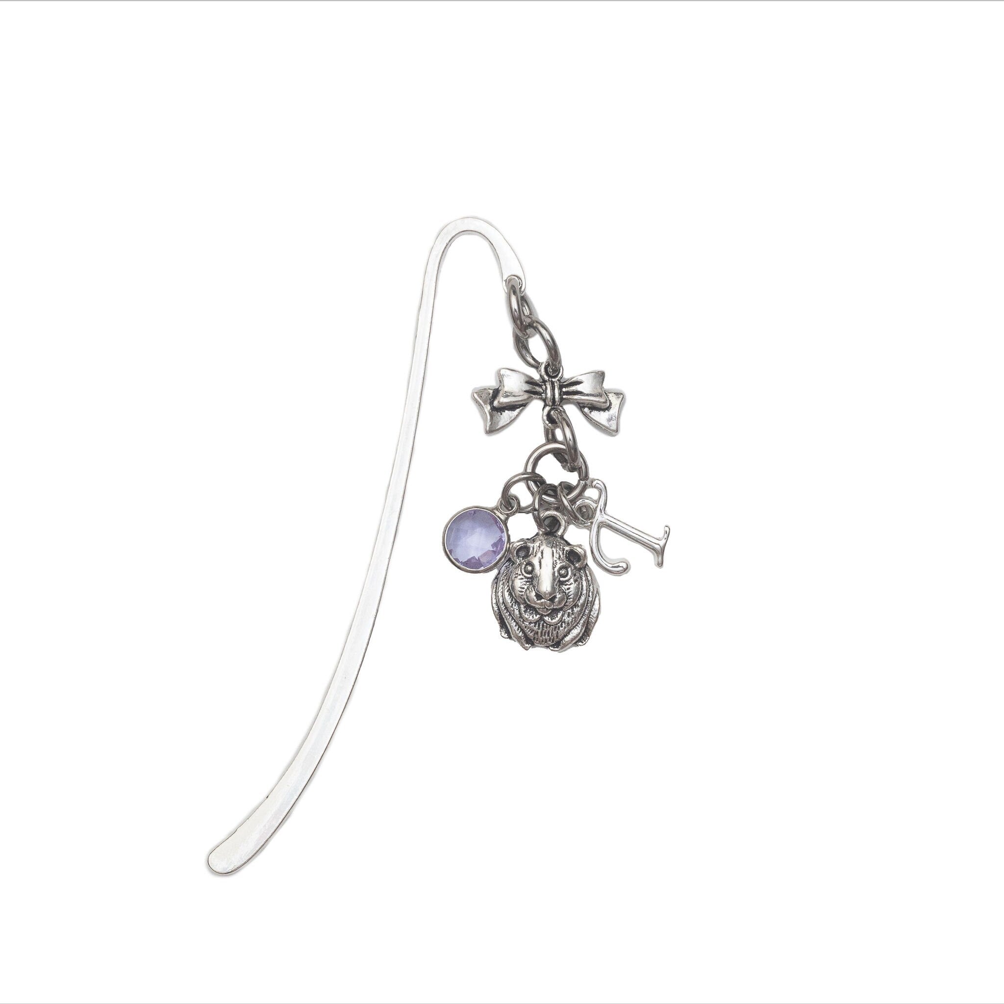 Guinea pig bookmark, personalised gifts, birthstone and initial, metal charm page marker, animal fans accessory, custom pet rodent present