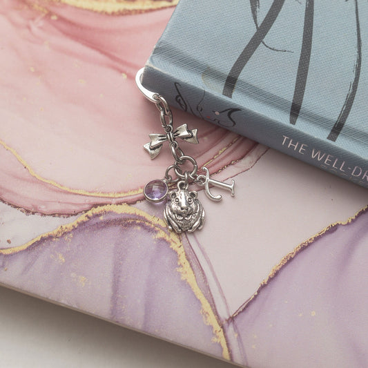 Guinea pig bookmark, personalised gifts, birthstone and initial, metal charm page marker, animal fans accessory, custom pet rodent present
