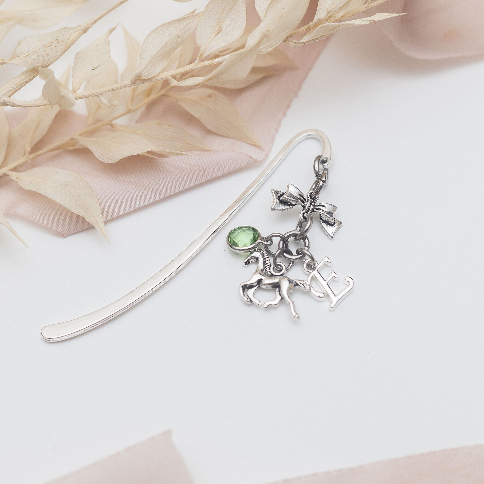 Horse bookmark, personalised gifts, birthstone and initial, metal charm page marker, equestrian rider, new pony owner, pet loss keepsake