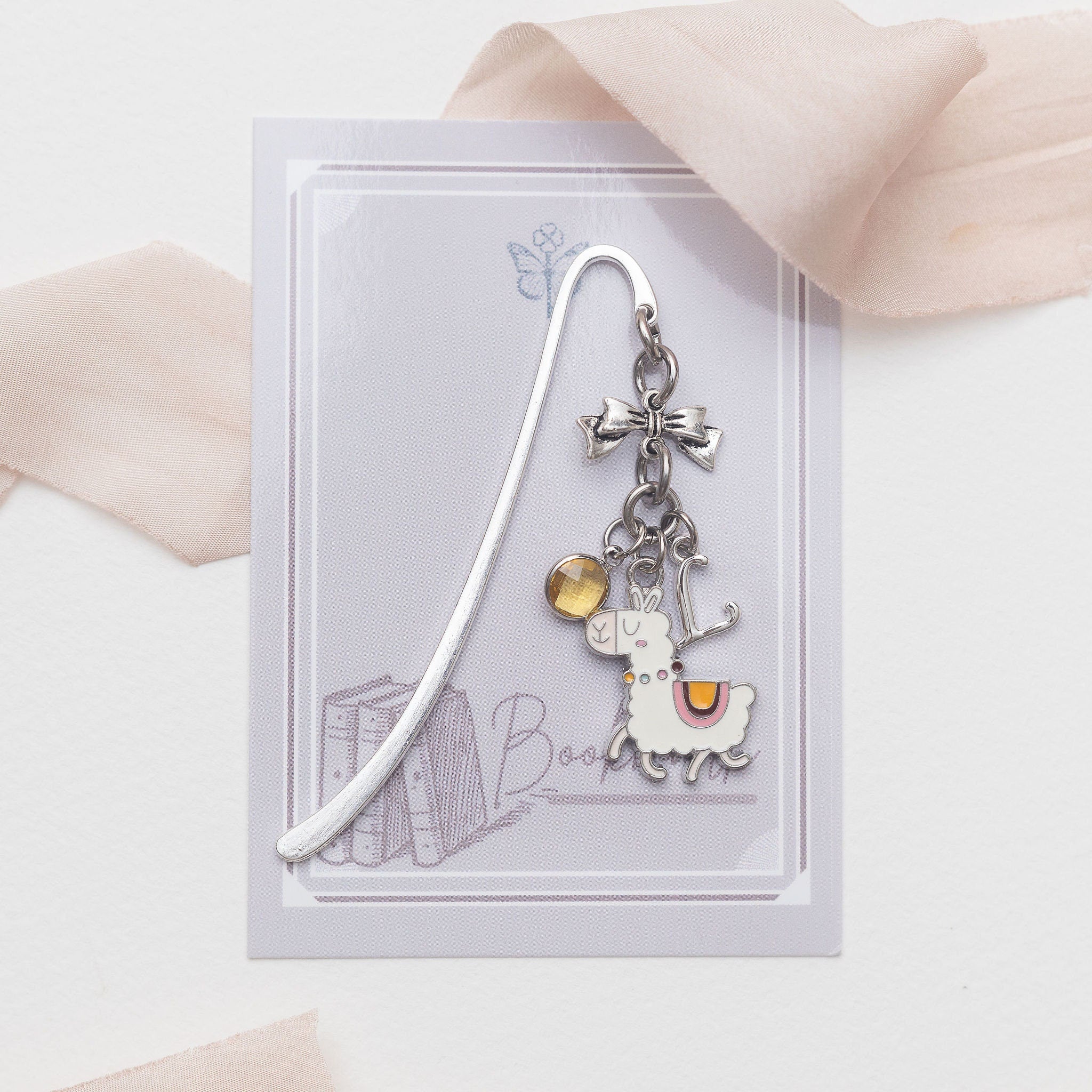 Personalised Llama Bookmark: Enamel Alpaca Charm, Birthstone Initial