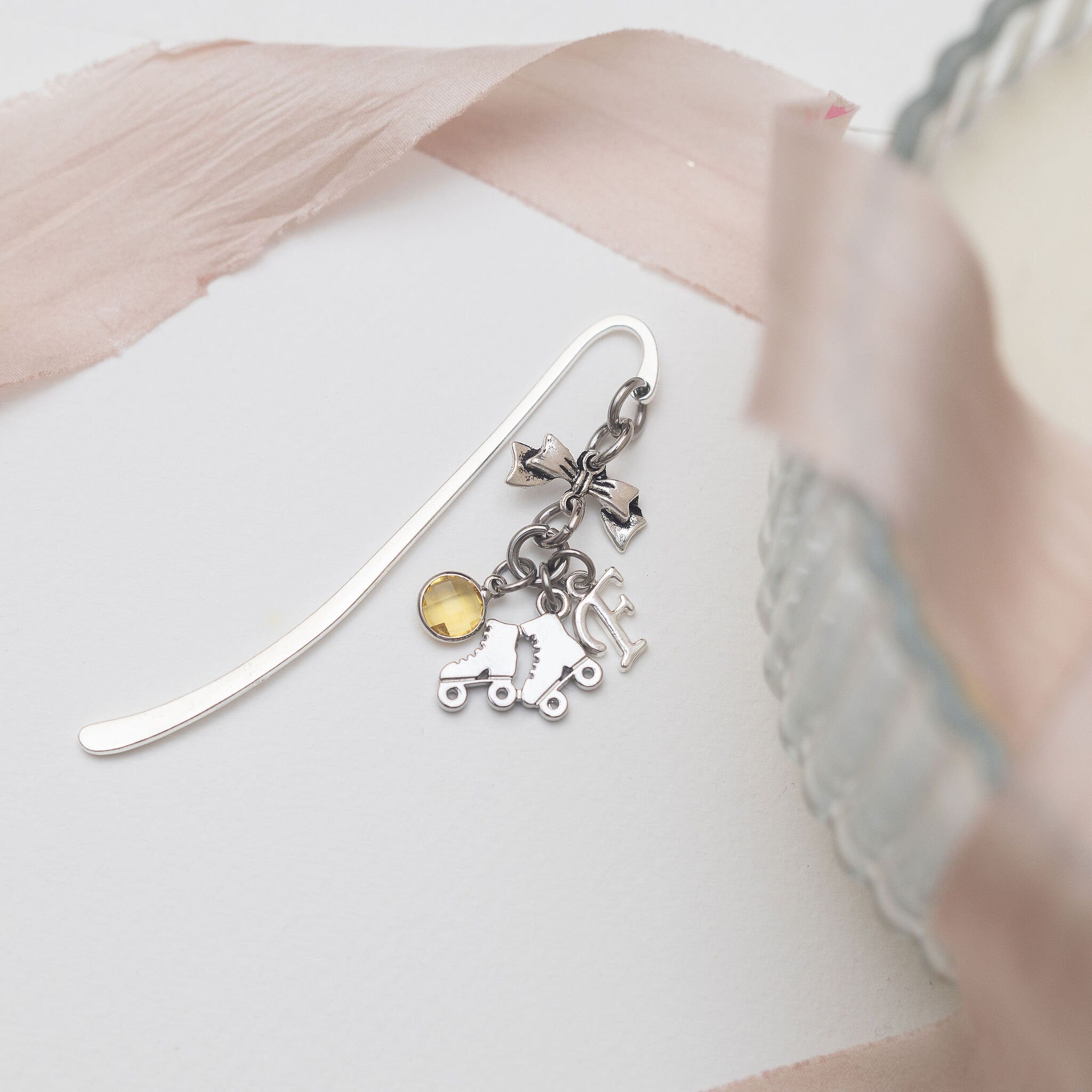 Roller skate bookmark, personalised gifts, birthstone and initial, metal charm page marker, roller derby gift, custom skater gift