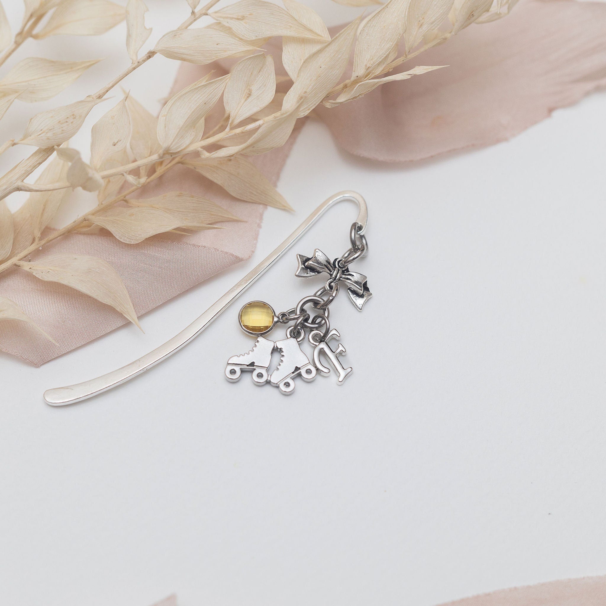 Roller skate bookmark, personalised gifts, birthstone and initial, metal charm page marker, roller derby gift, custom skater gift