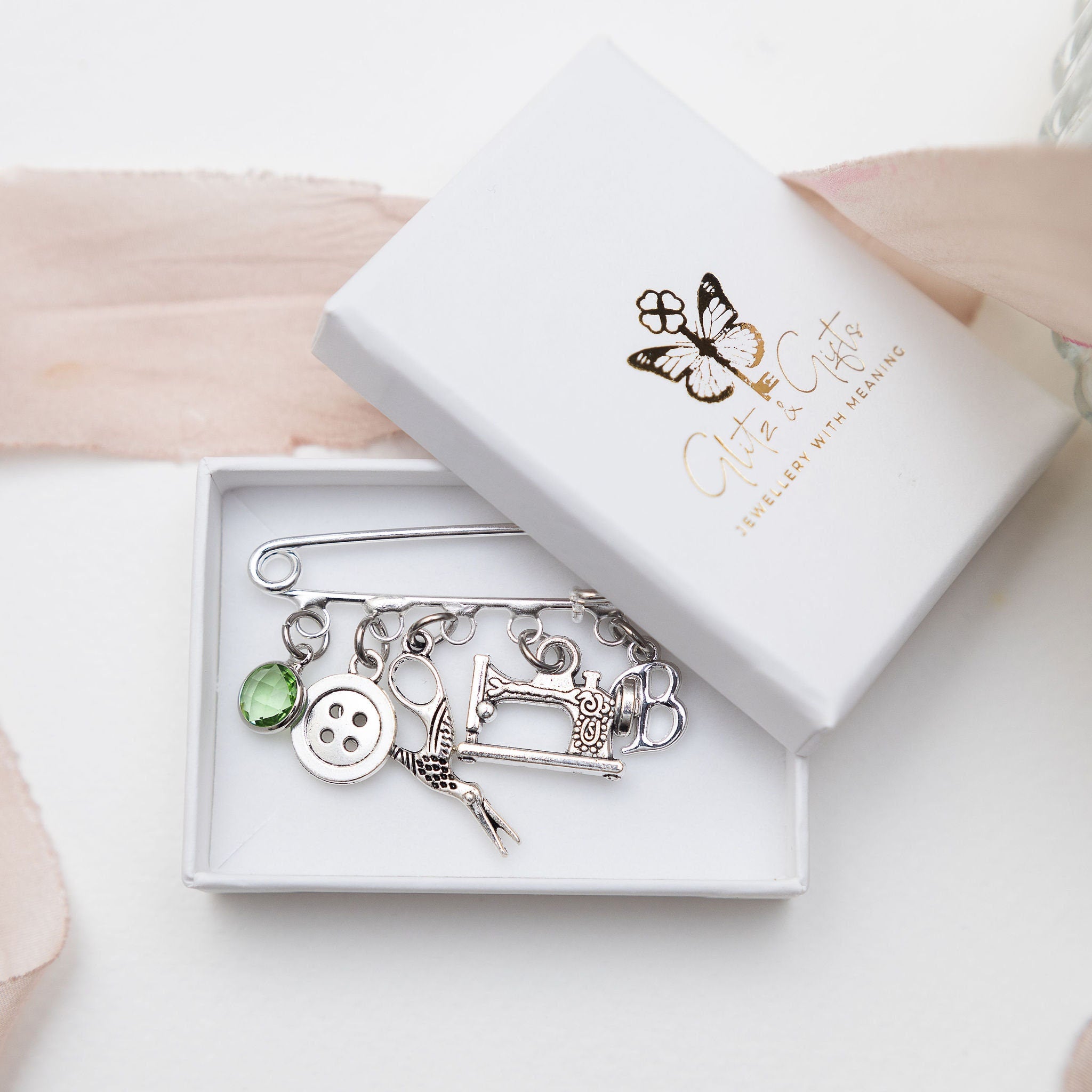 Sewing brooch, personalised gifts, birthstone and letter, gift for sewer, sew theme accessory, button scissor sewing machine charms