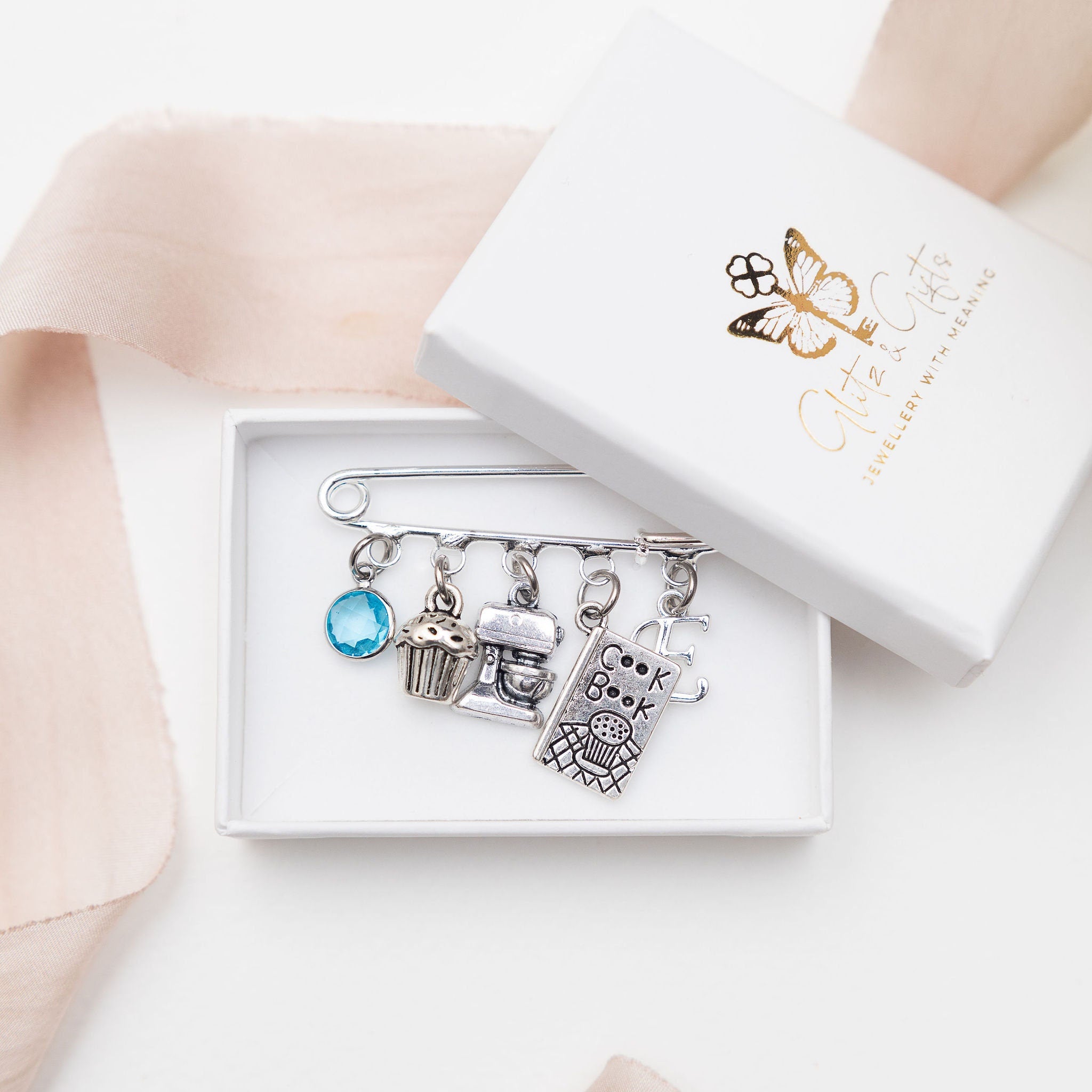 Gift for a baker, personalised brooch, birthstone letter charms, bake off gift, patisserie chef present