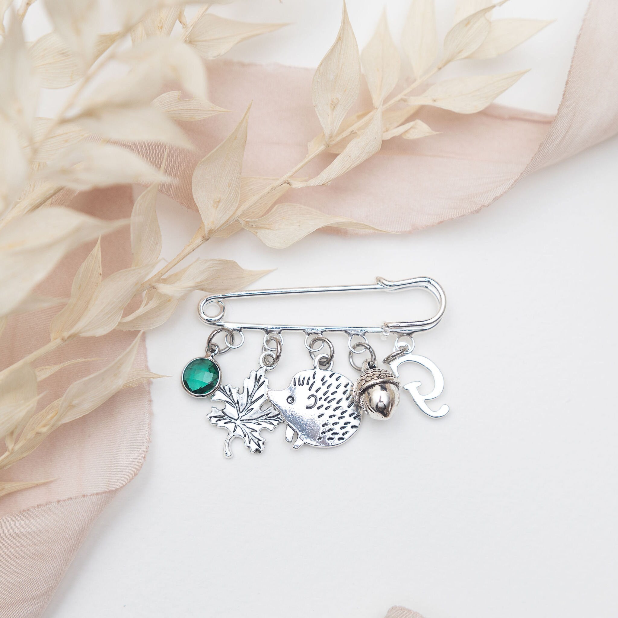 Hedgehog brooch, personalised gifts, birthstone and letter, Autumn kilt pin, acorn accessory, animal jewellery, birthstone initial letter