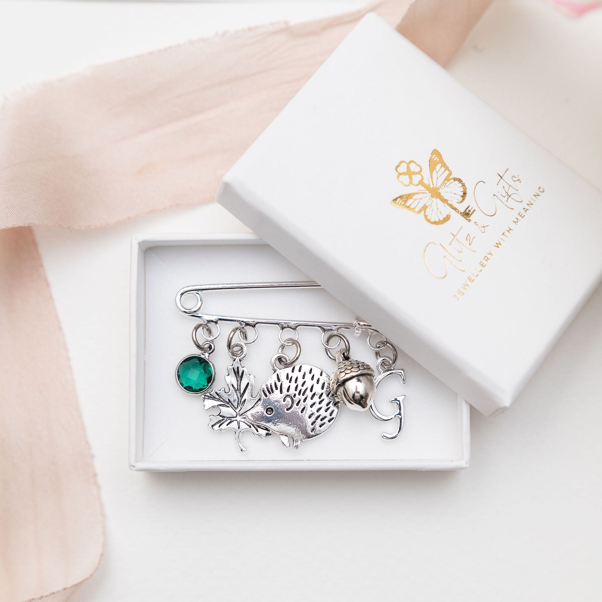 Hedgehog brooch, personalised gifts, birthstone and letter, Autumn kilt pin, acorn accessory, animal jewellery, birthstone initial letter