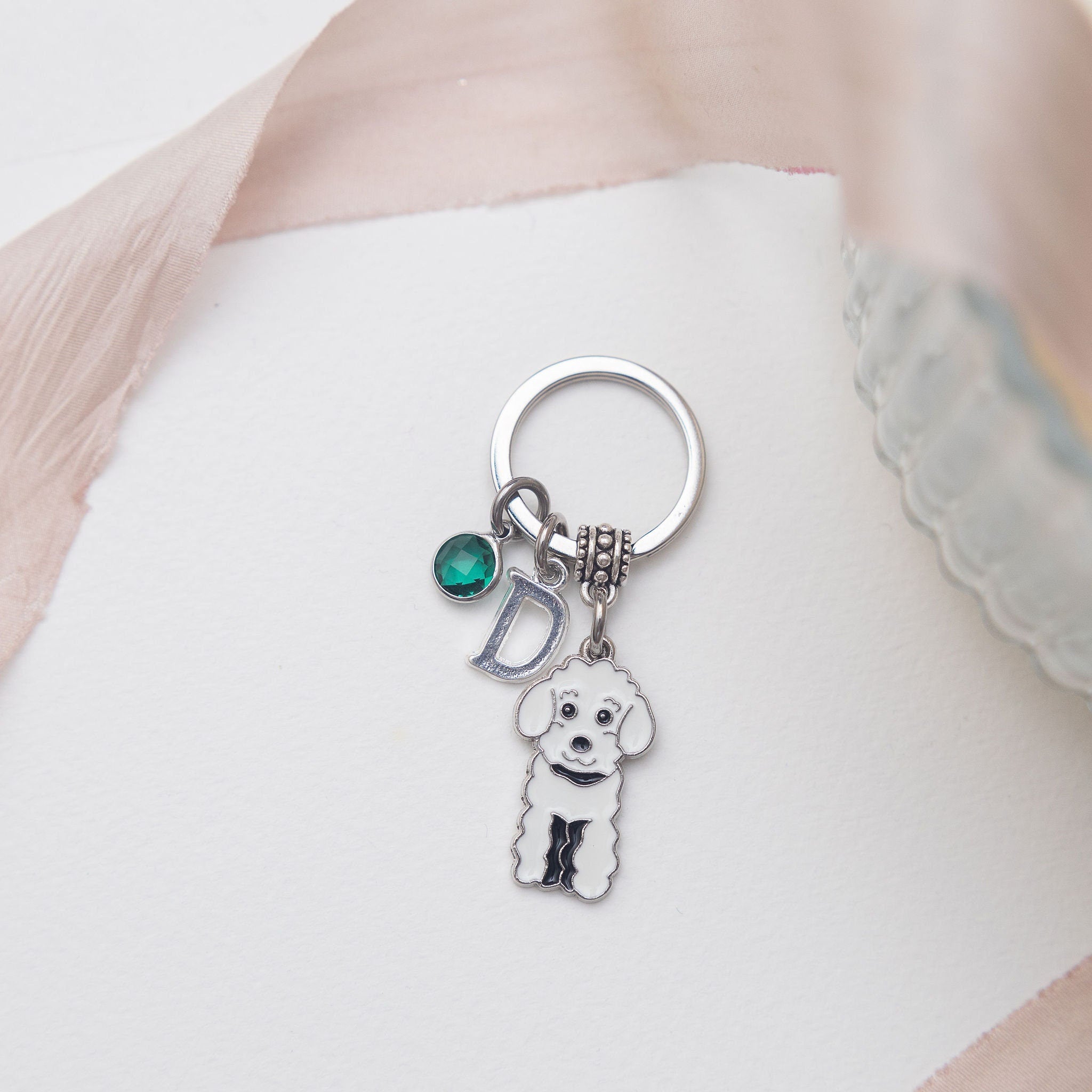 White cockapoo keyring, personalised gifts, birthstone initial, animal bag charm, dog owner, new puppy, pet loss memorial, cockapoo gift