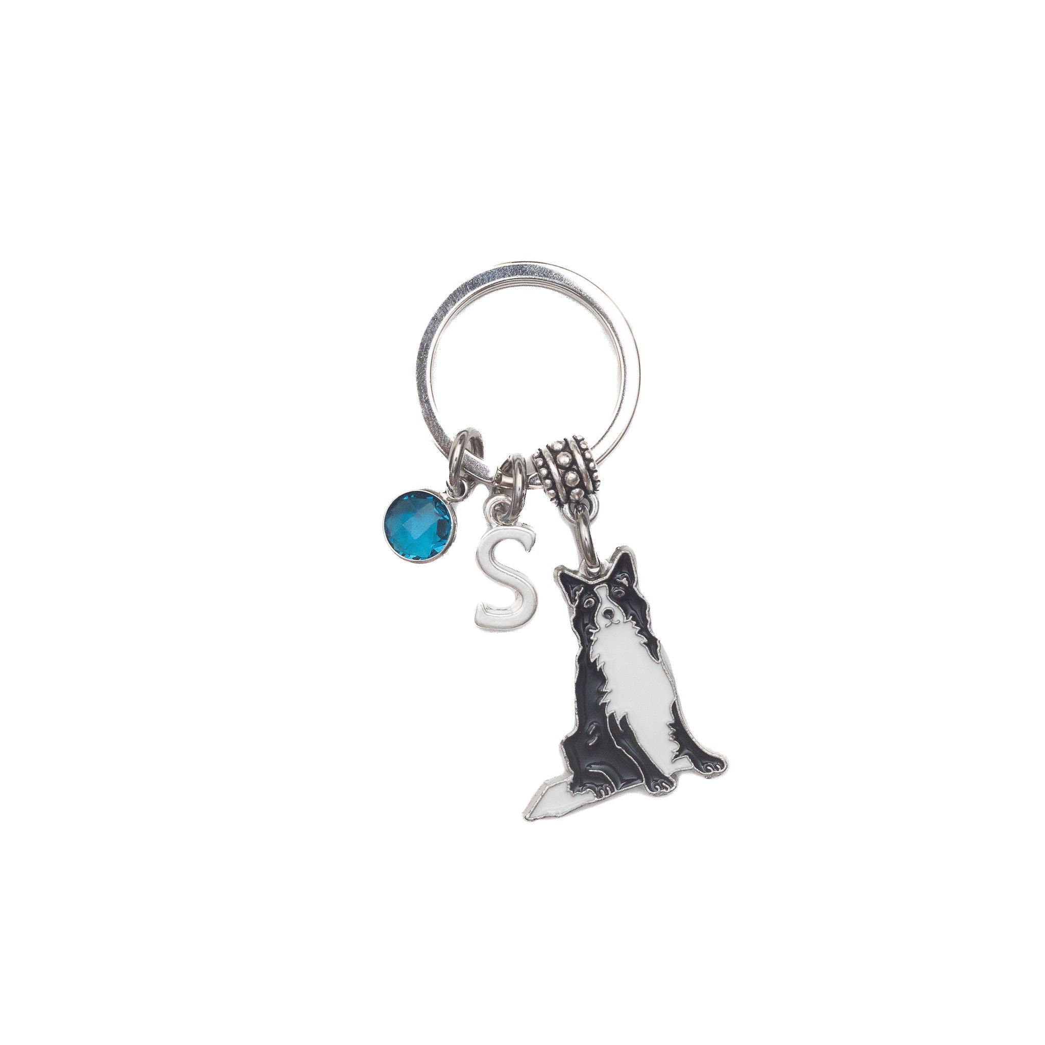 Border Collie Keyring: Personalised Initial & Birthstone Charm