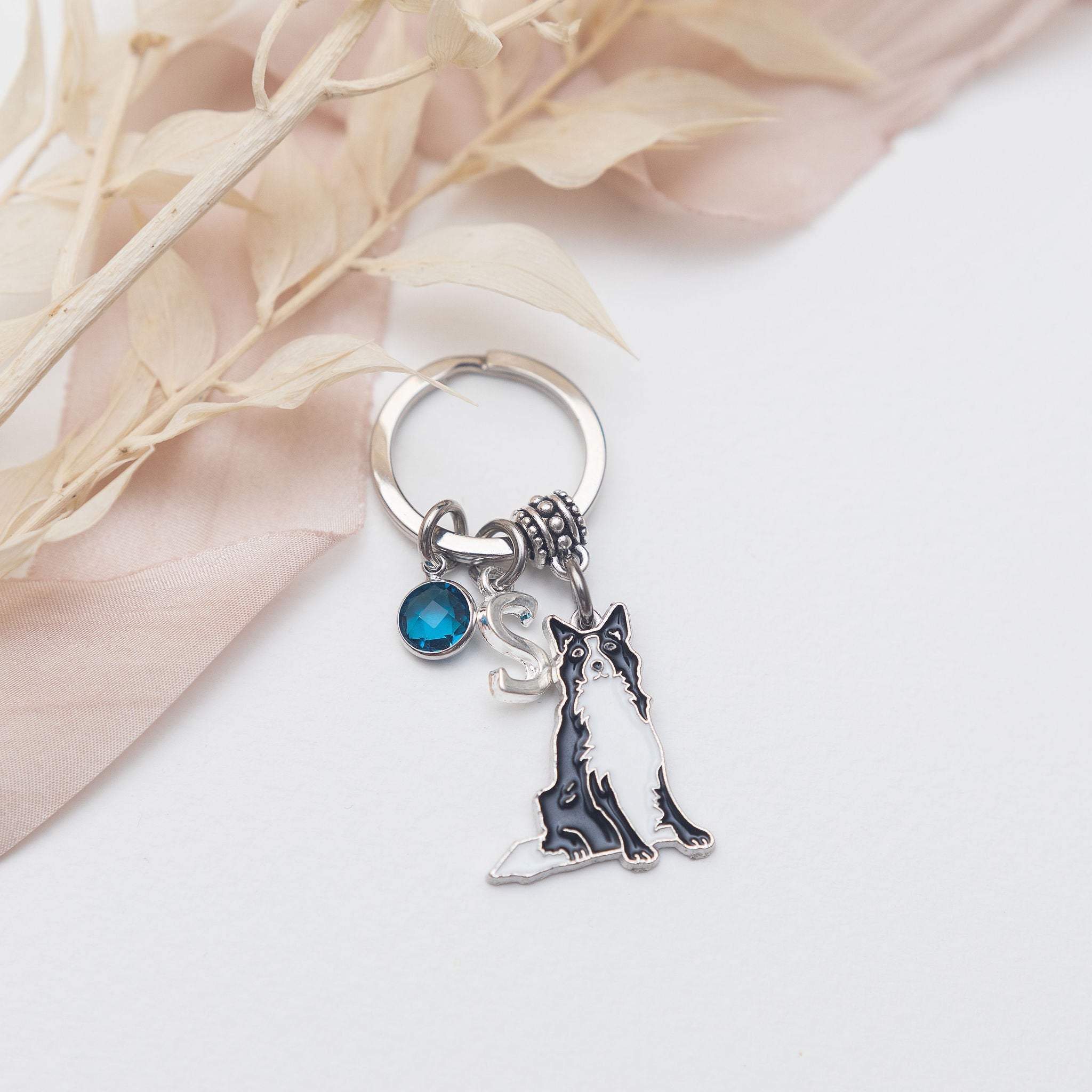 Border Collie Keyring: Personalised Initial & Birthstone Charm