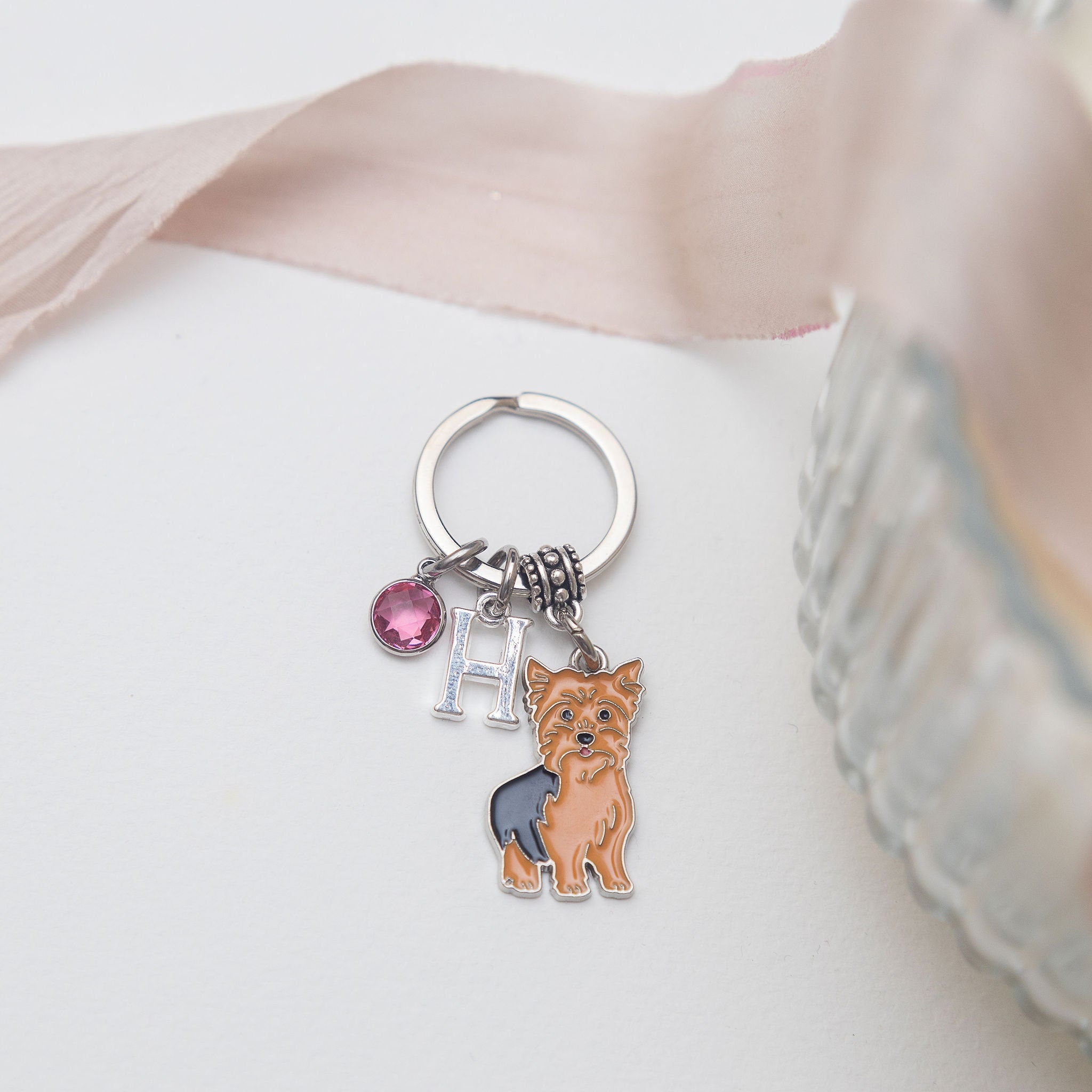 Yorkshire terrier keyring, yorkie keychain, personalised gift, birthstone initial, animal bag charm, dog owner, new puppy, pet loss memorial