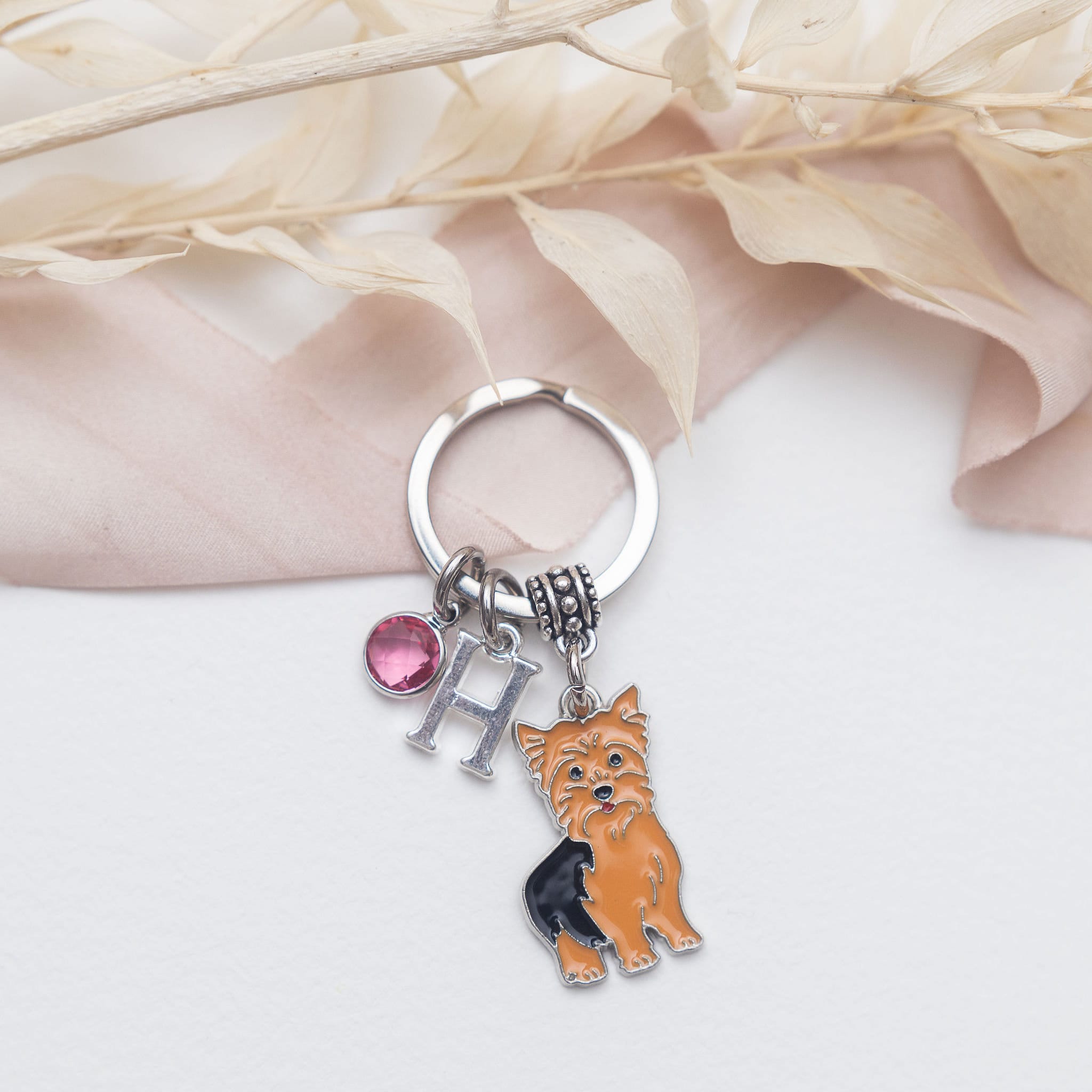 Yorkshire terrier keyring, yorkie keychain, personalised gift, birthstone initial, animal bag charm, dog owner, new puppy, pet loss memorial