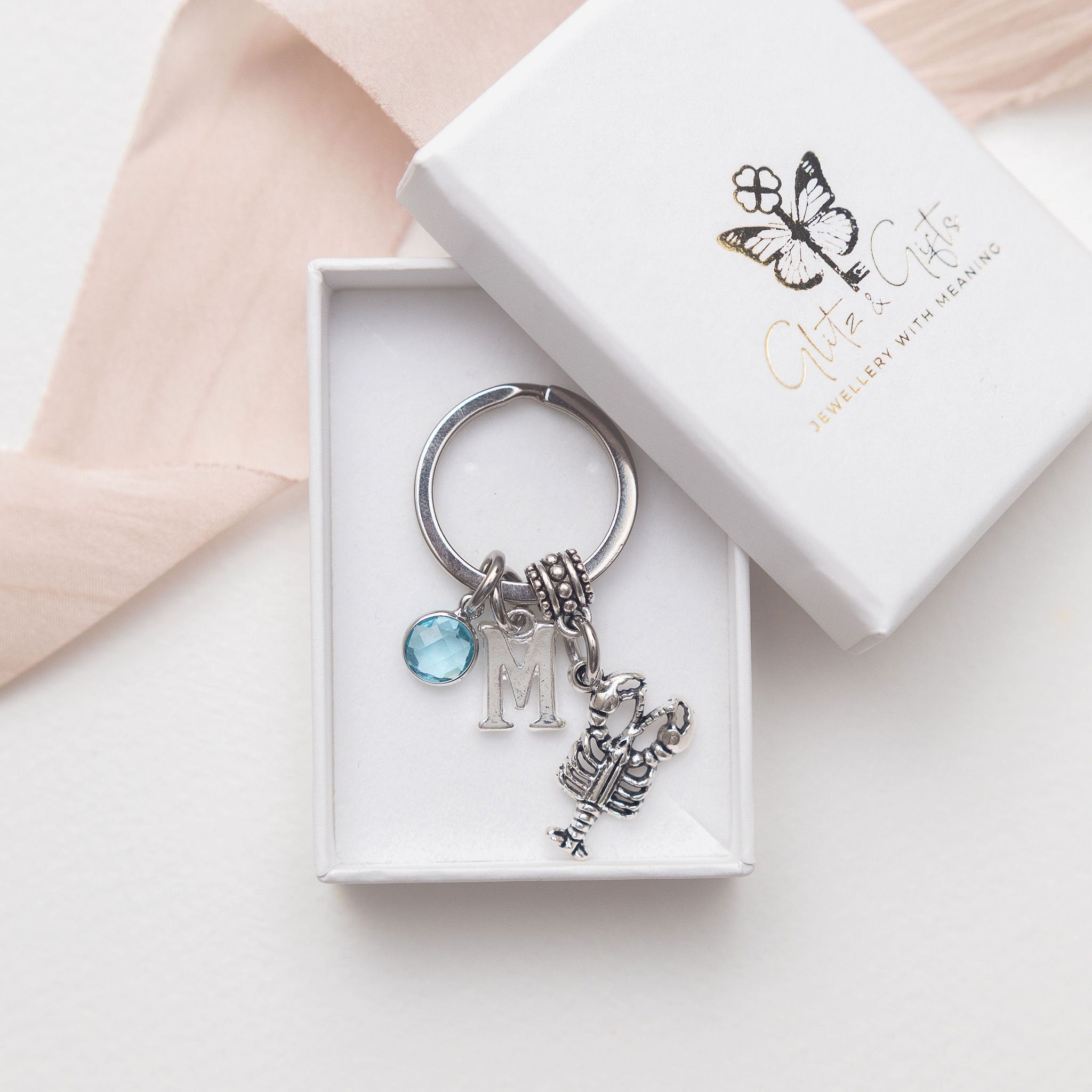 Personalised Lobster Keyring: Initial & Birthstone Charm