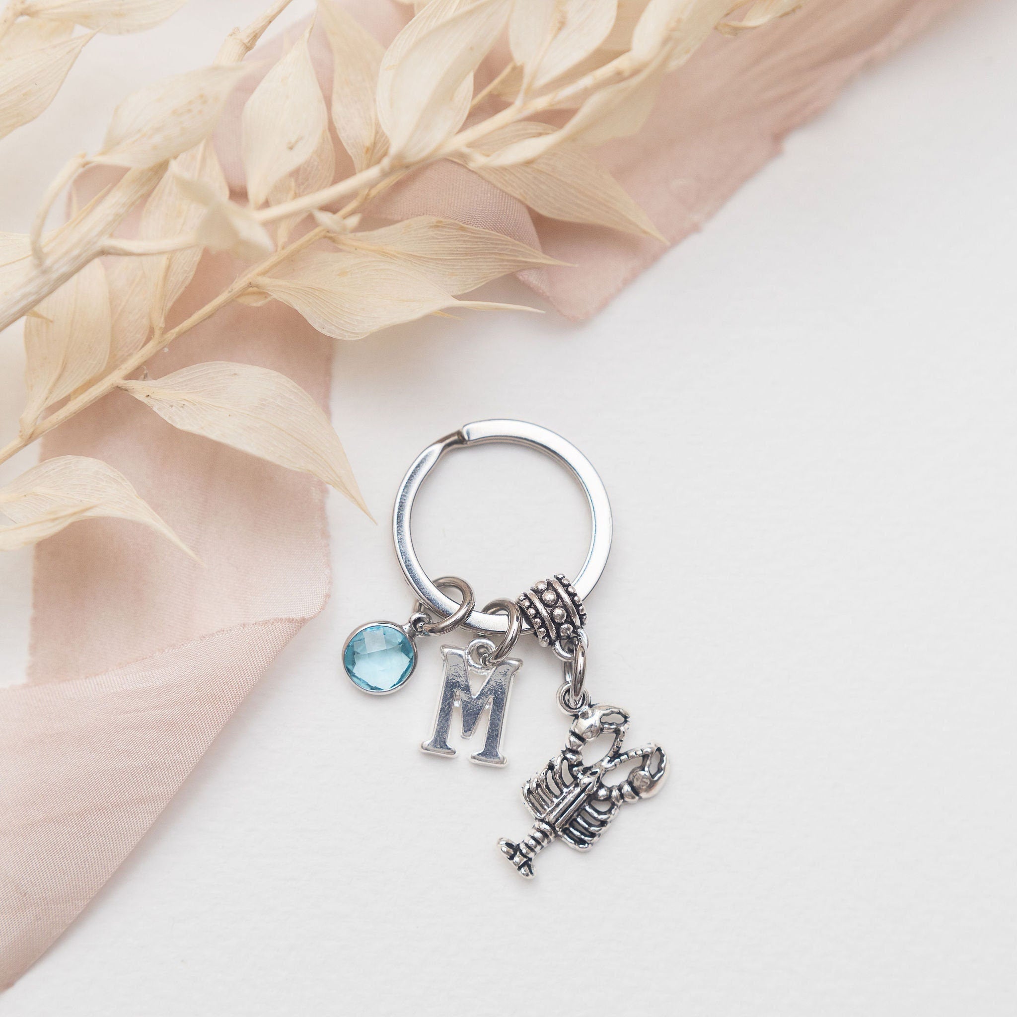 Personalised Lobster Keyring: Initial & Birthstone Charm
