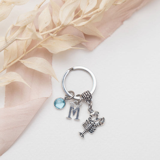 Personalised Lobster Keyring: Initial & Birthstone Charm