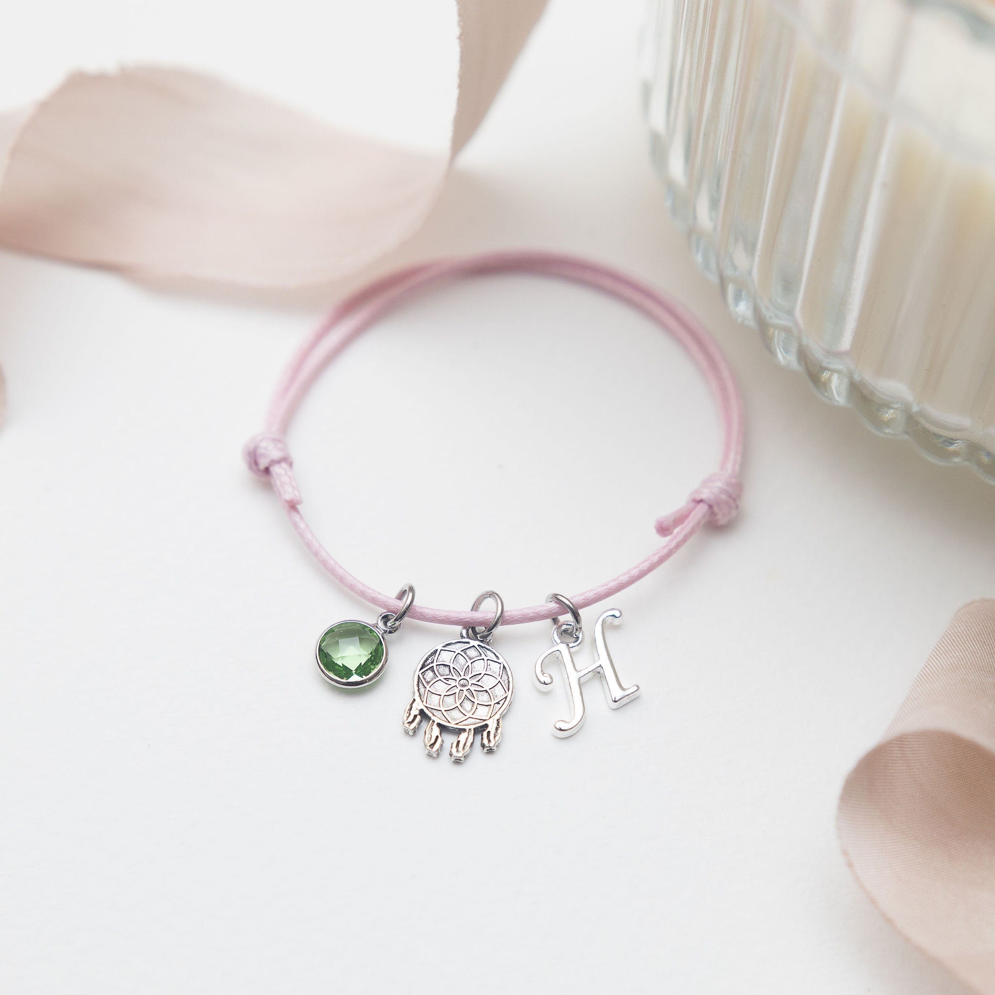 Personalised Dream Catcher Bracelet: Initial & Birthstone Charm, Adjustable Cord