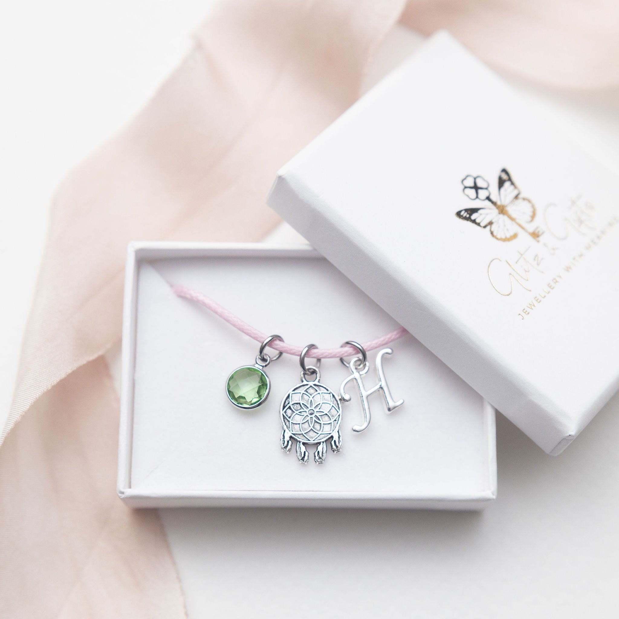 Dream catcher bracelet, waxed cord adjustable, personalised gifts, good dreams, protection jewellery, custom birthday, initial birthstone