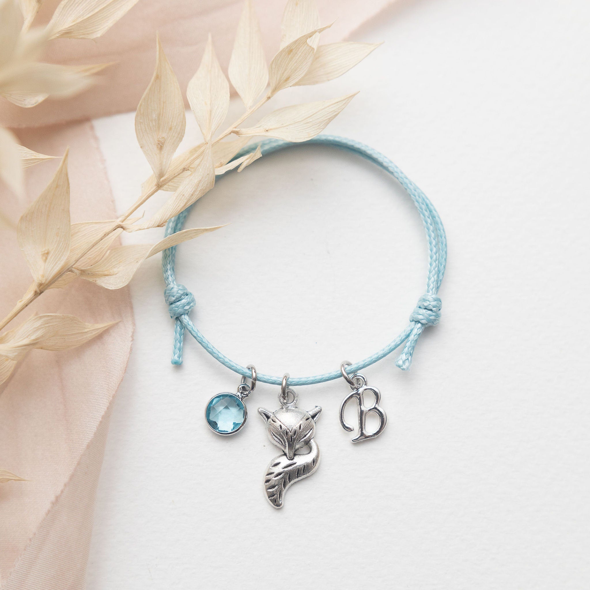 Fox bracelet, waxed cord adjustable, personalised gifts, vixen gifts, animal jewellery, custom birthday, initial birthstone