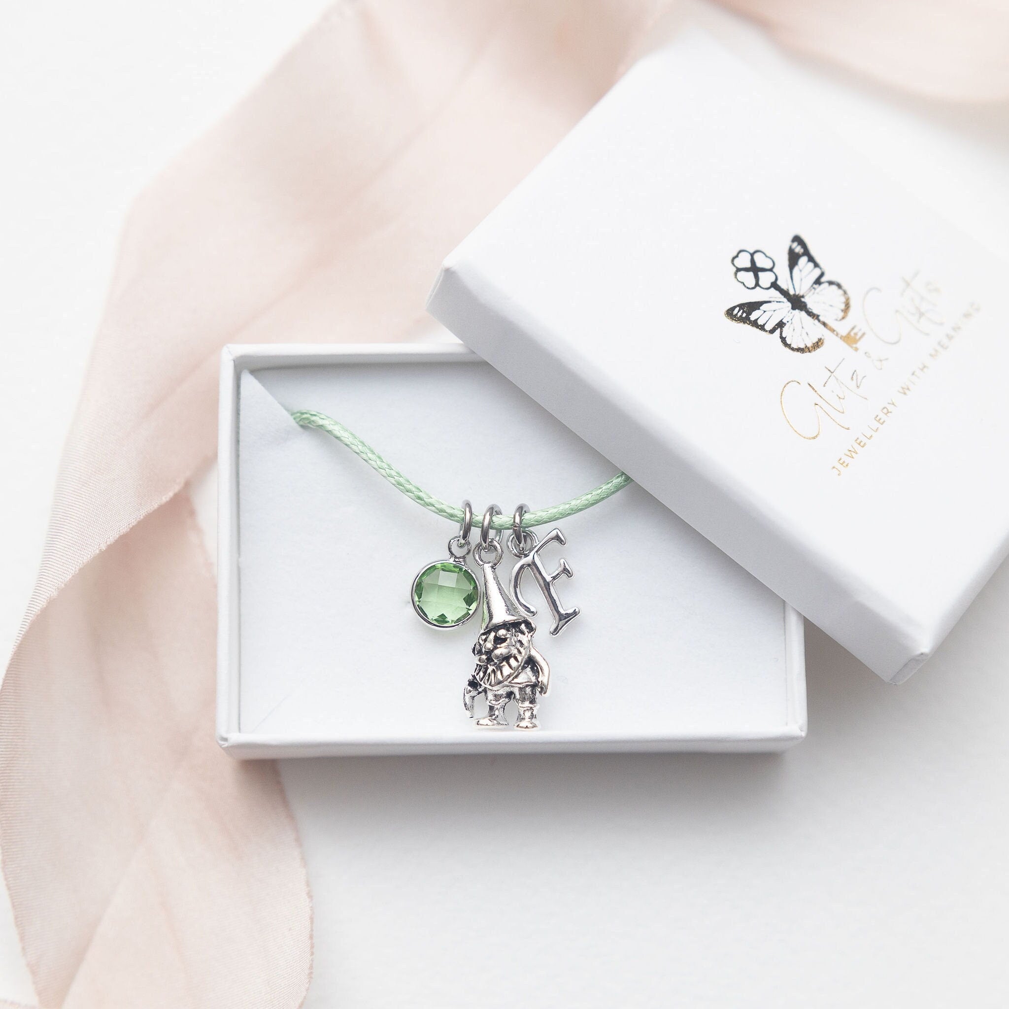 Gnome bracelet, waxed cord adjustable, personalised gifts, garden gnome gifts, whimsical jewellery, custom letter birthstone, fairy tale