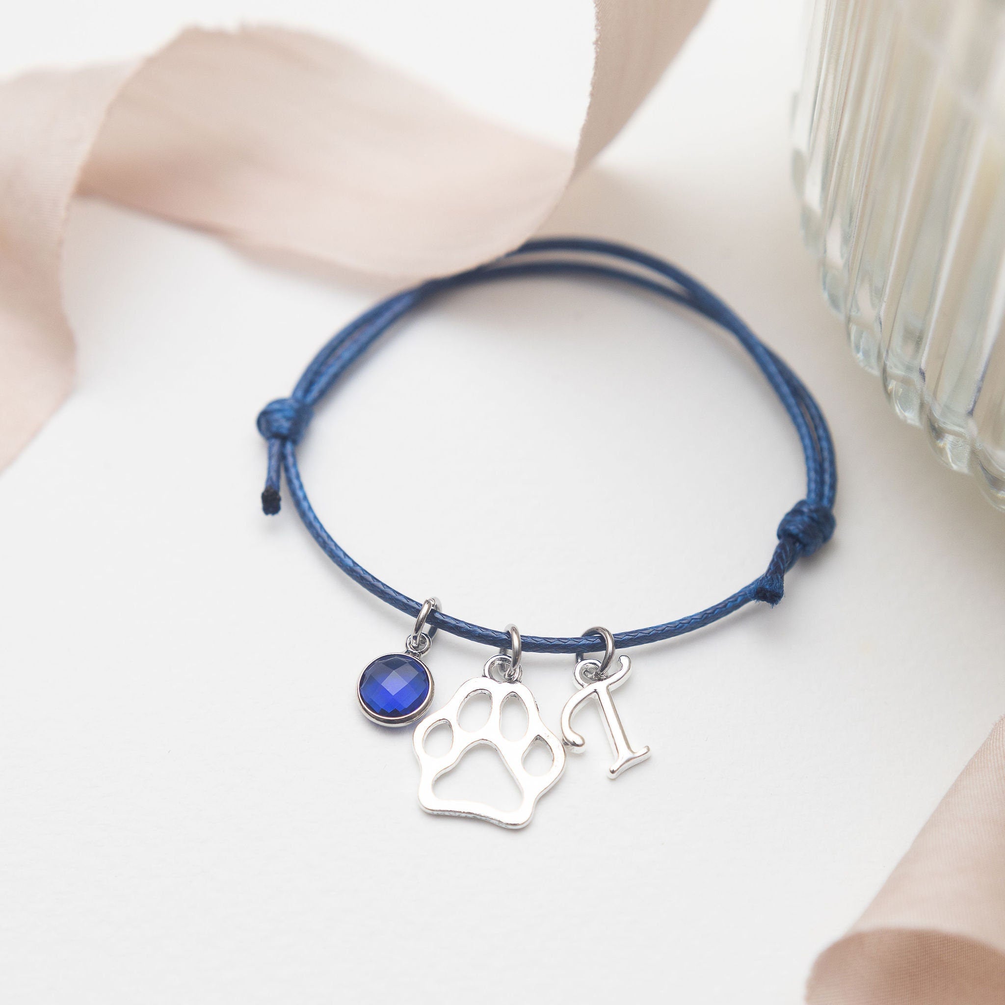 Paw print bracelet, waxed cord adjustable, personalised gifts, dog gift, animal jewellery, custom letter birthstone, pet loss keepsake