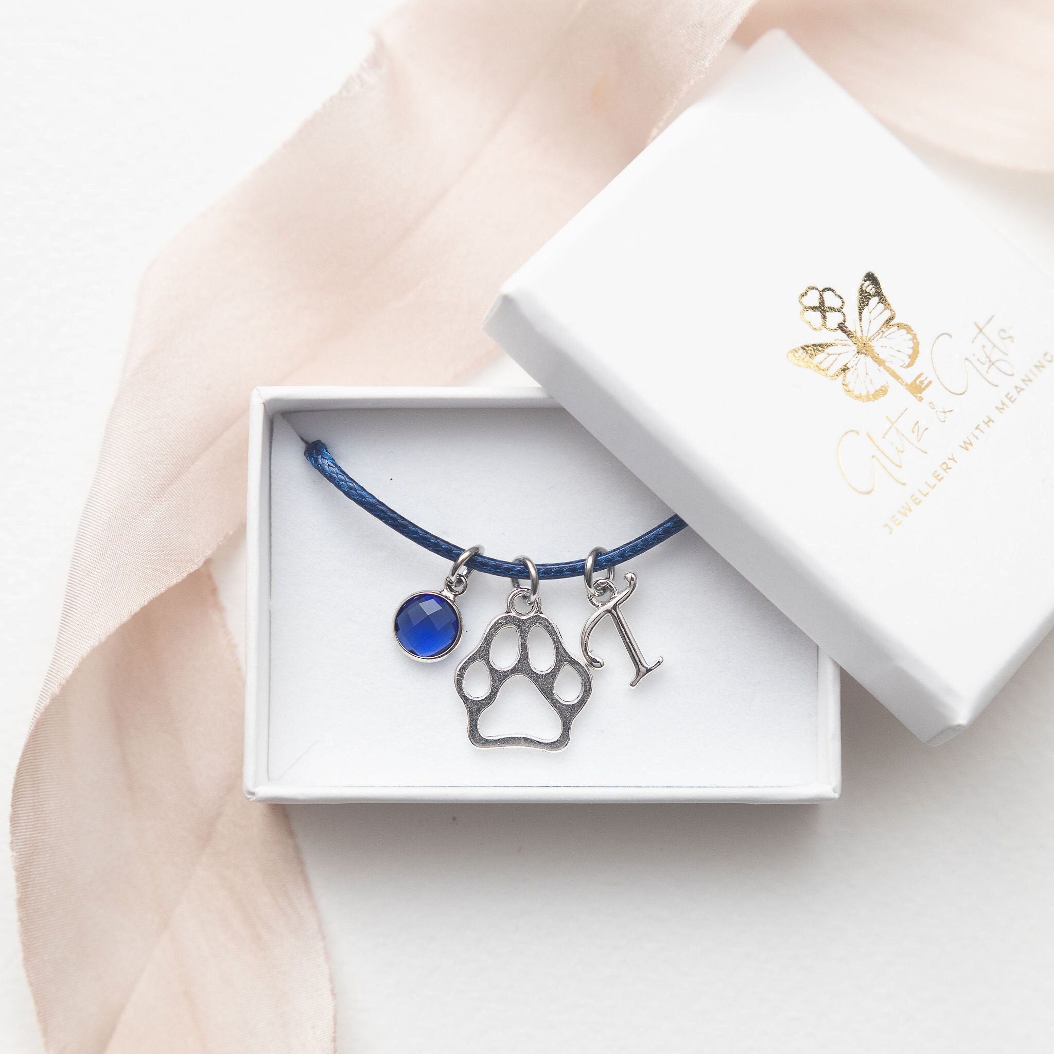 Paw print bracelet, waxed cord adjustable, personalised gifts, dog gift, animal jewellery, custom letter birthstone, pet loss keepsake
