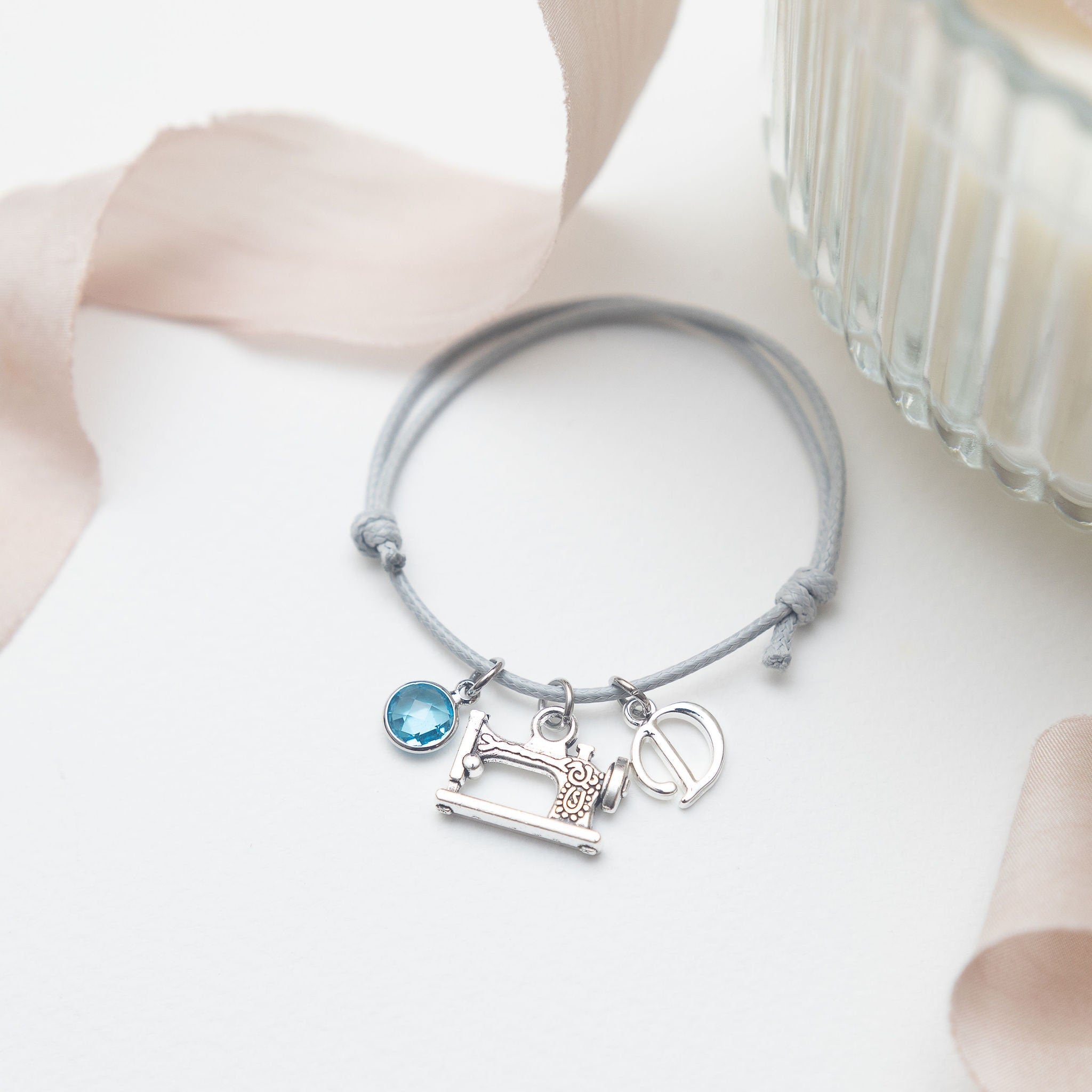 Sewing machine bracelet, waxed cord adjustable, personalised gifts, sew theme, sewer jewellery, dressmaker seamstress, crafter keepsake