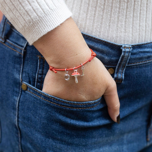 Red toadstool bracelet, waxed cord adjustable, personalised gifts, mushroom jewellery, cottage countryside keepsake, whimsical fairy tale