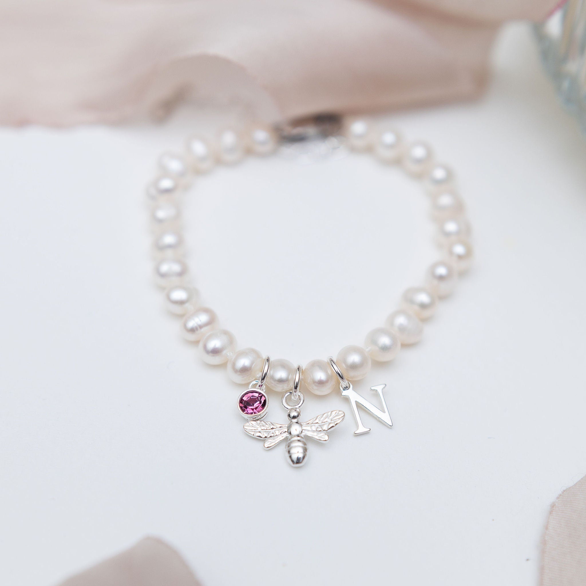 Freshwater pearl bracelet, bumble bee bracelet, personalised gifts, birthstone initial letter pendant, white knotted pearl jewellery