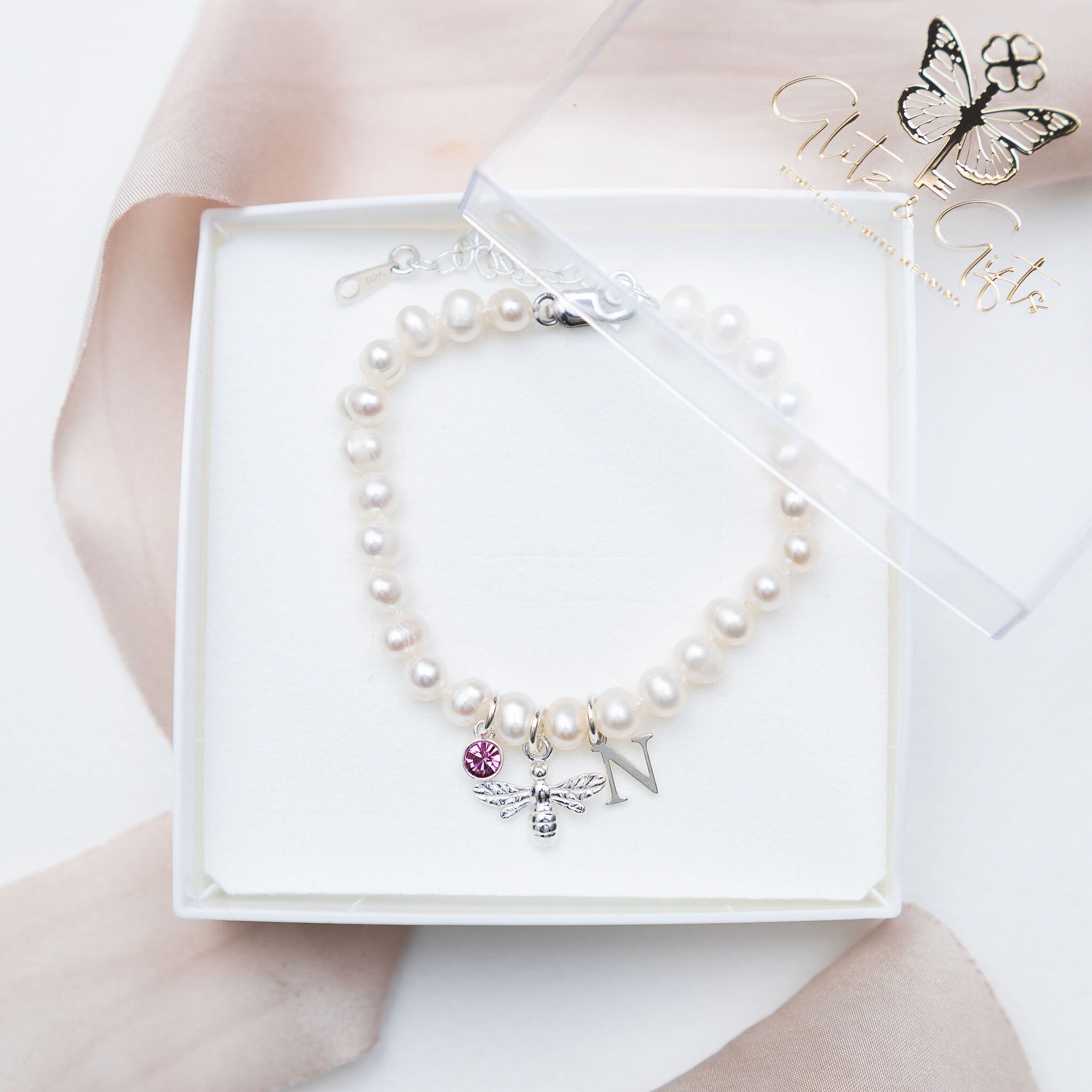 Freshwater pearl bracelet, bumble bee bracelet, personalised gifts, birthstone initial letter pendant, white knotted pearl jewellery