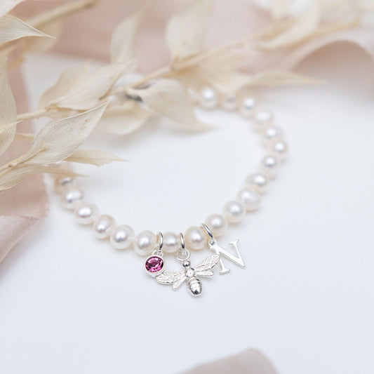 Freshwater pearl bracelet, bumble bee bracelet, personalised gifts, birthstone initial letter pendant, white knotted pearl jewellery