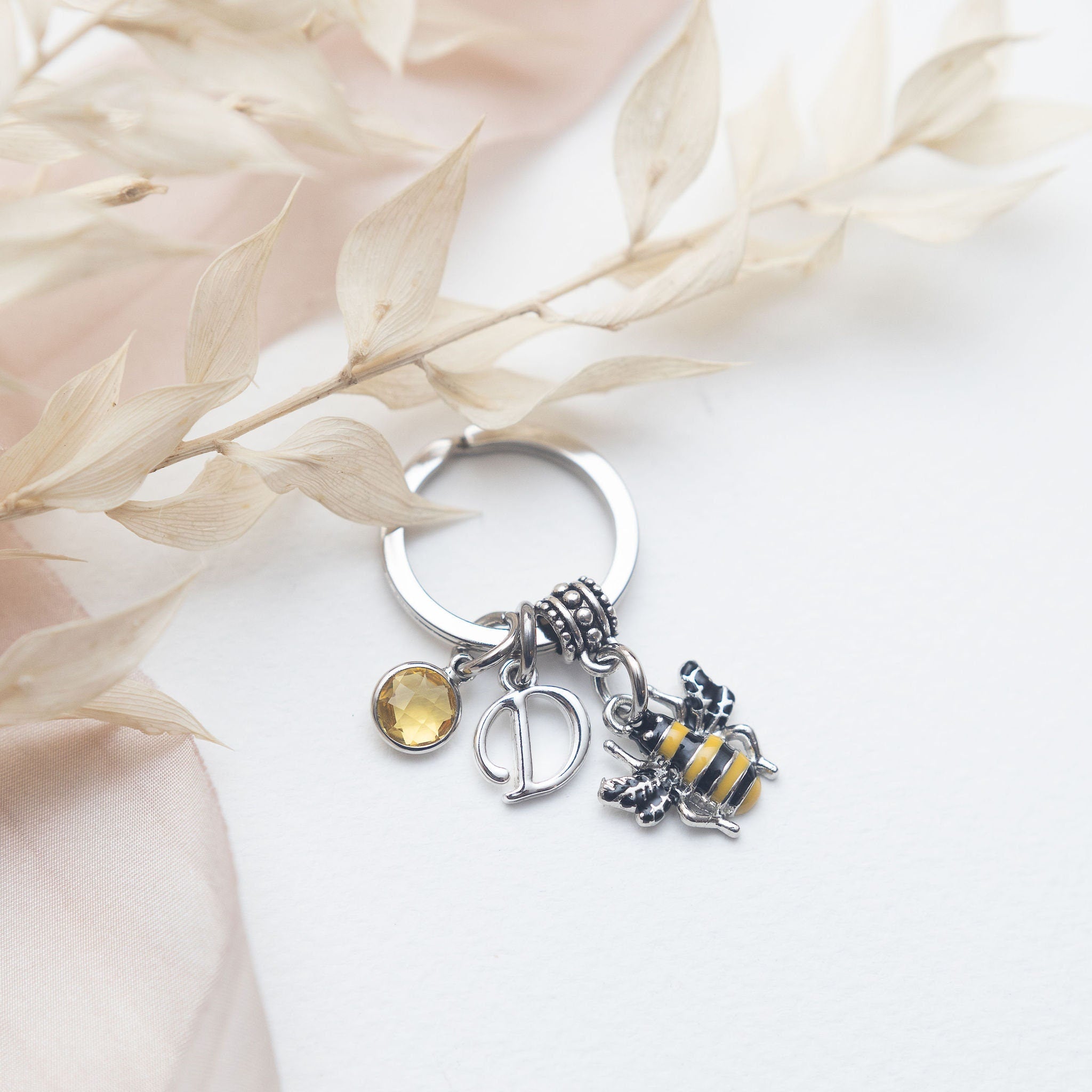 Bumble bee keyring, personalised gifts, queen bee bag charm, birthstone letter, yellow animal keychain, insect charm gift
