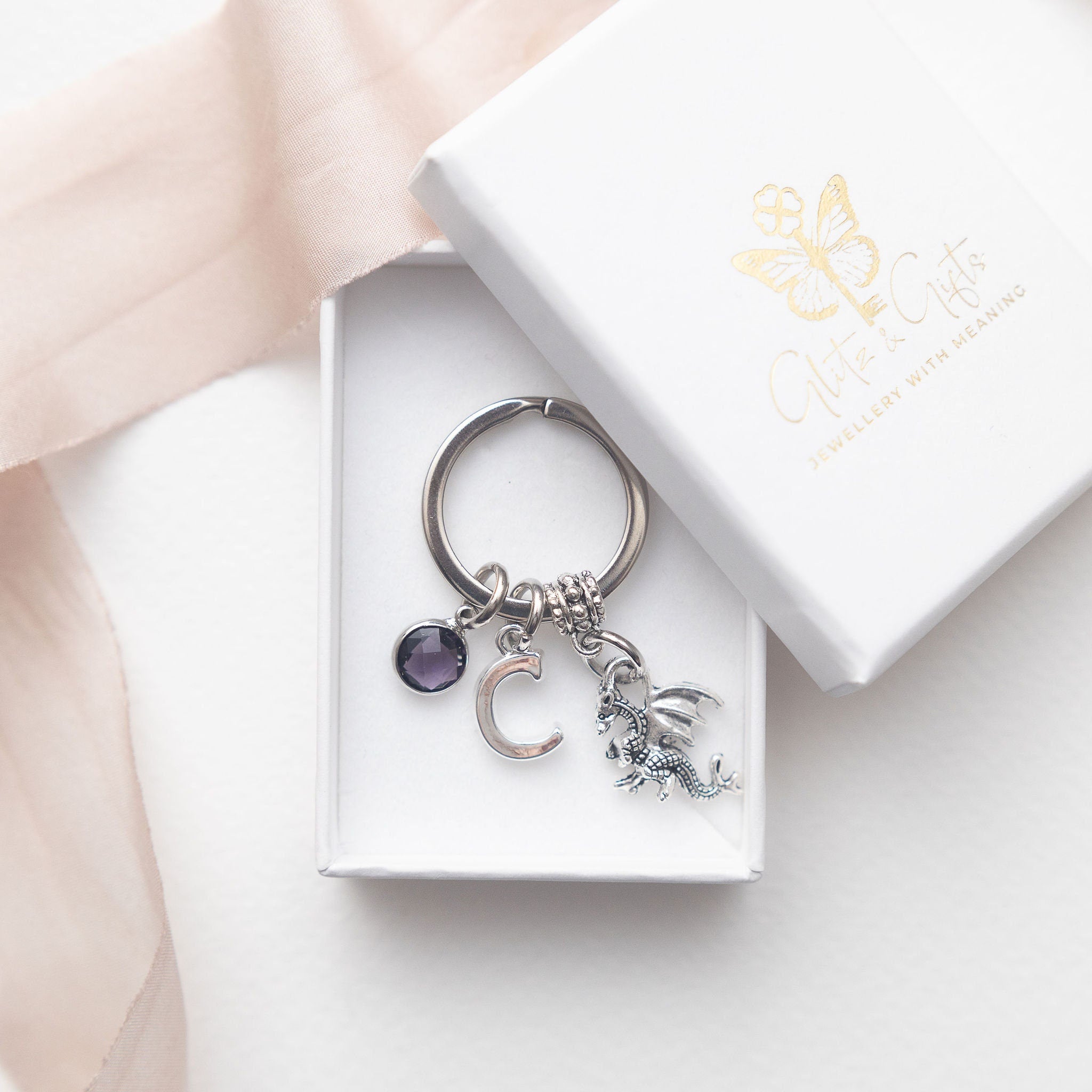 Dragon keyring, personalised gifts, baby dragon gift, birthstone letter, medieval gift, gothic fantasy theme, dragon scale bag charm